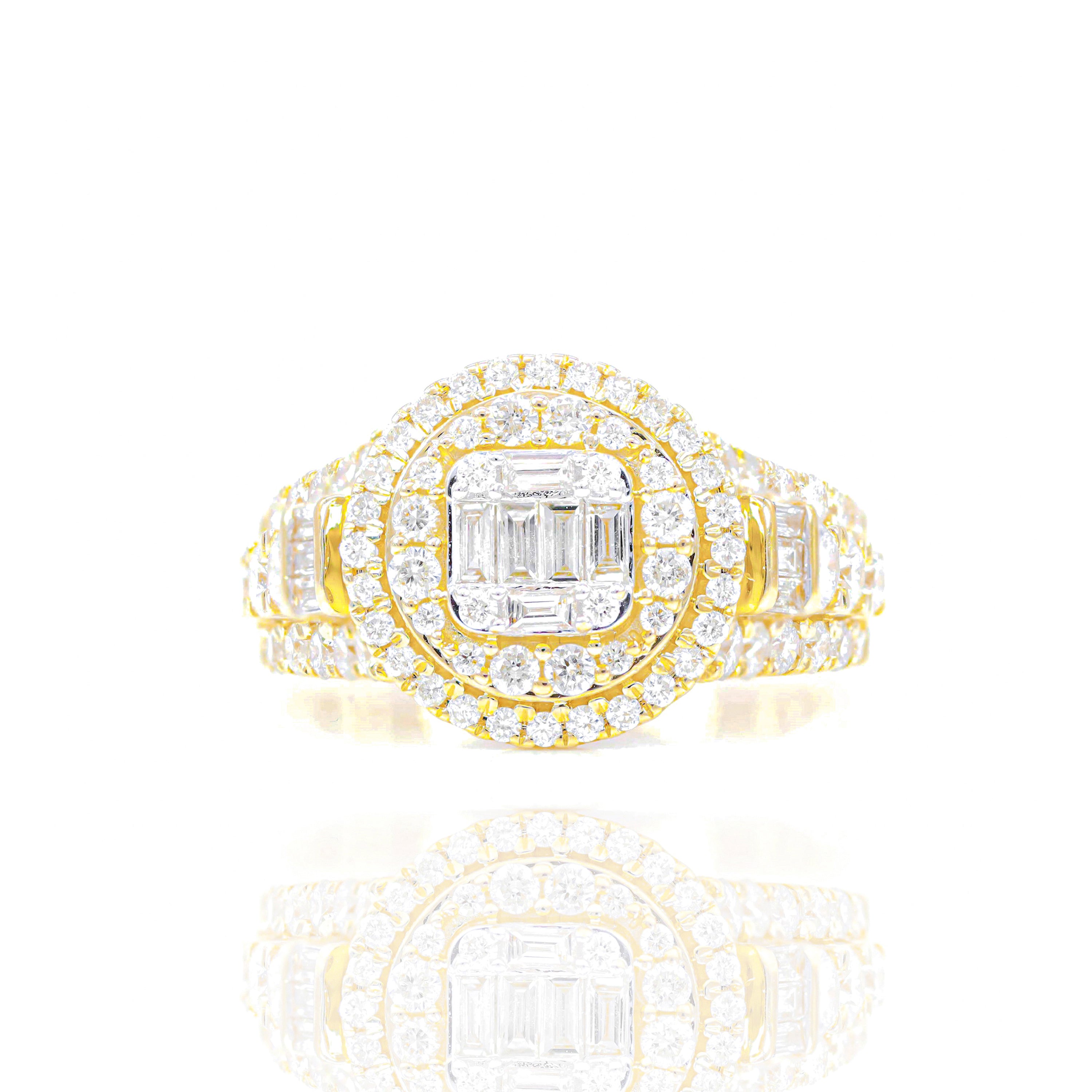 Baguette Center w/ Double Row Diamond Engagement Ring & Band