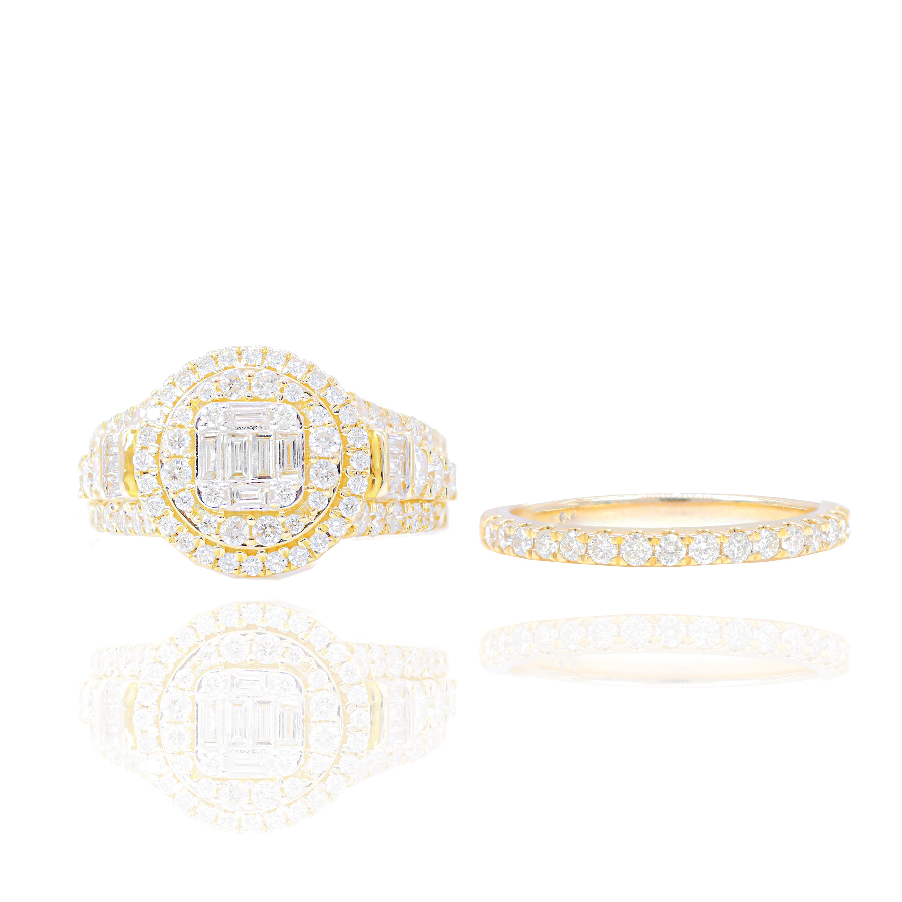 Baguette Center w/ Double Row Diamond Engagement Ring & Band