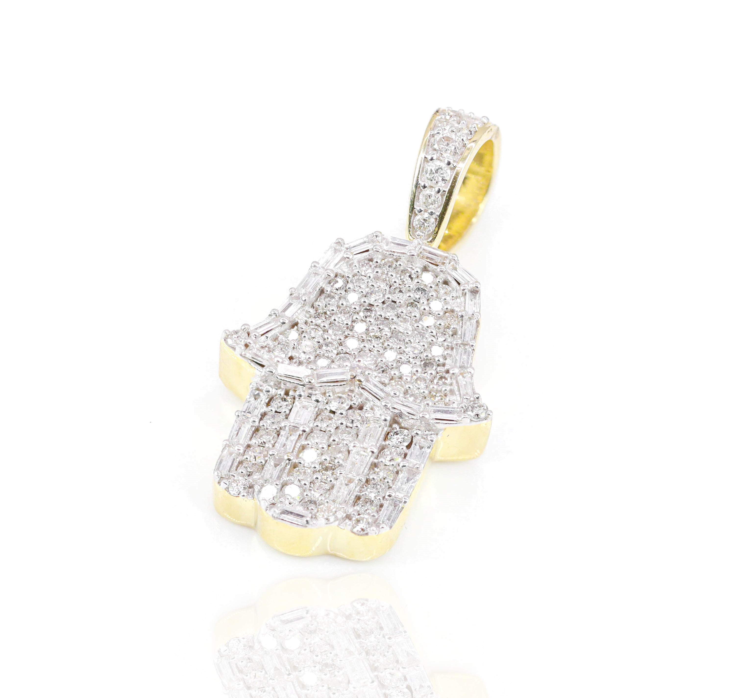 Baguette Diamond Border Hamza Hand Pendant