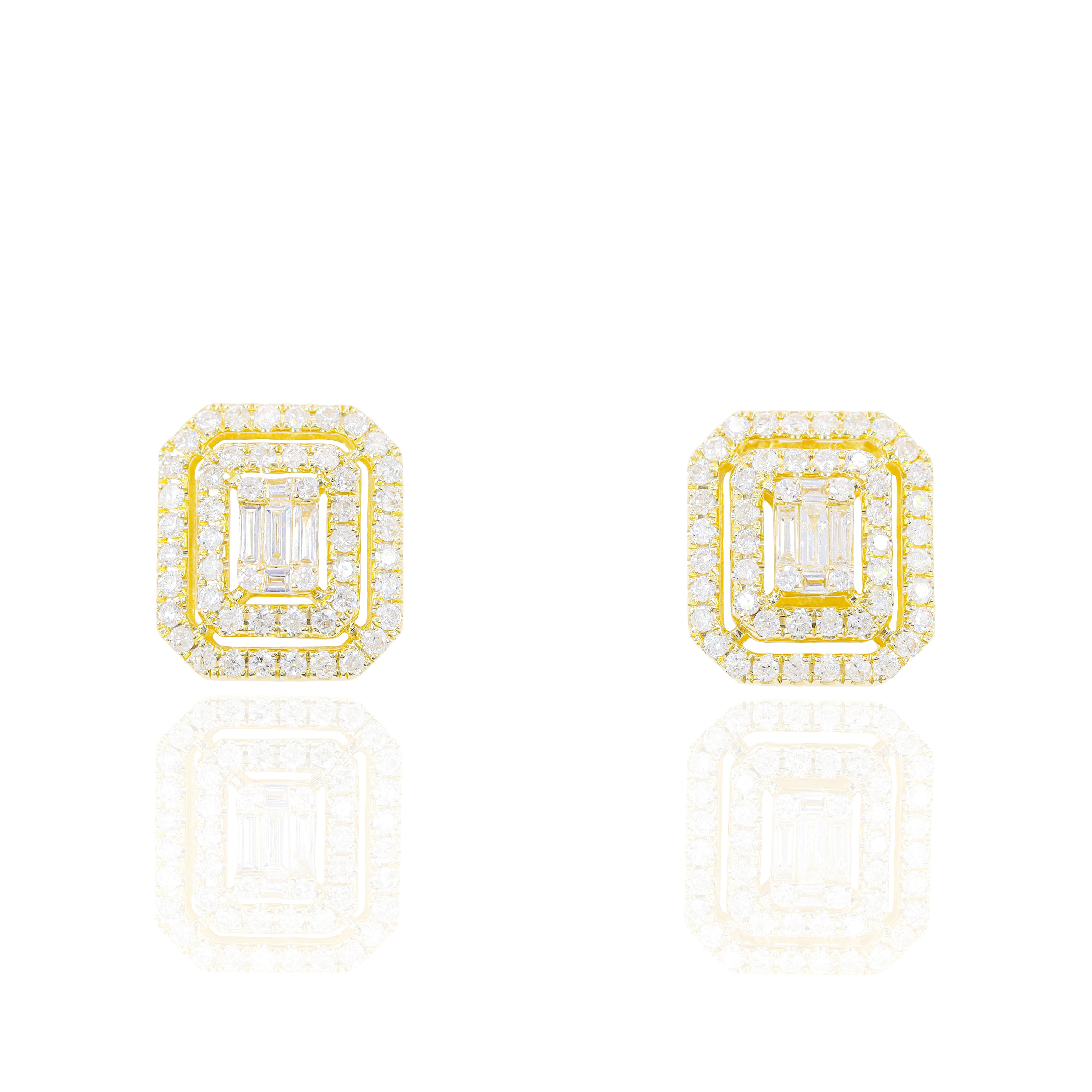 Center Baguette w/ Double Round Diamond Border Diamond Earrings