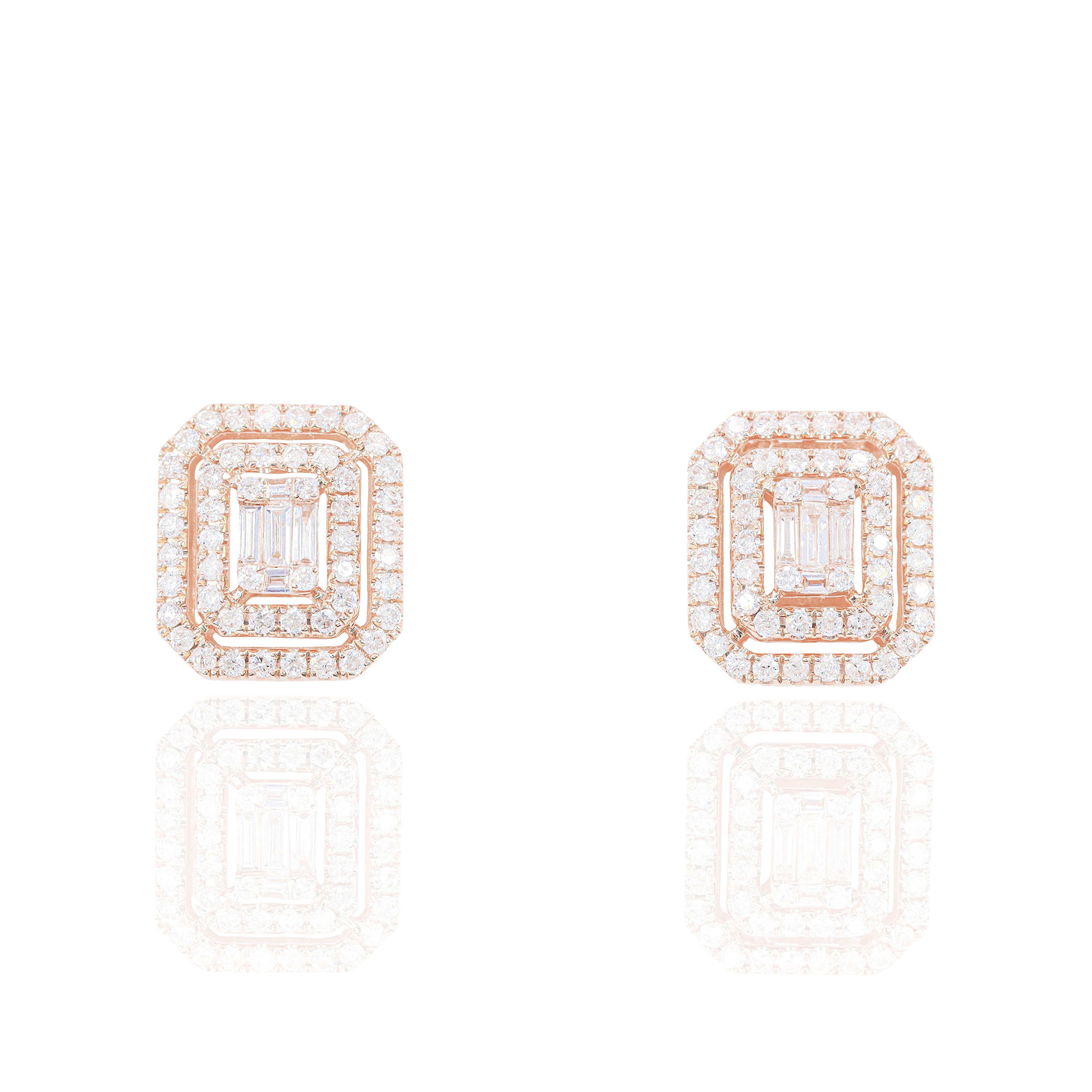 Center Baguette w/ Double Round Diamond Border Diamond Earrings