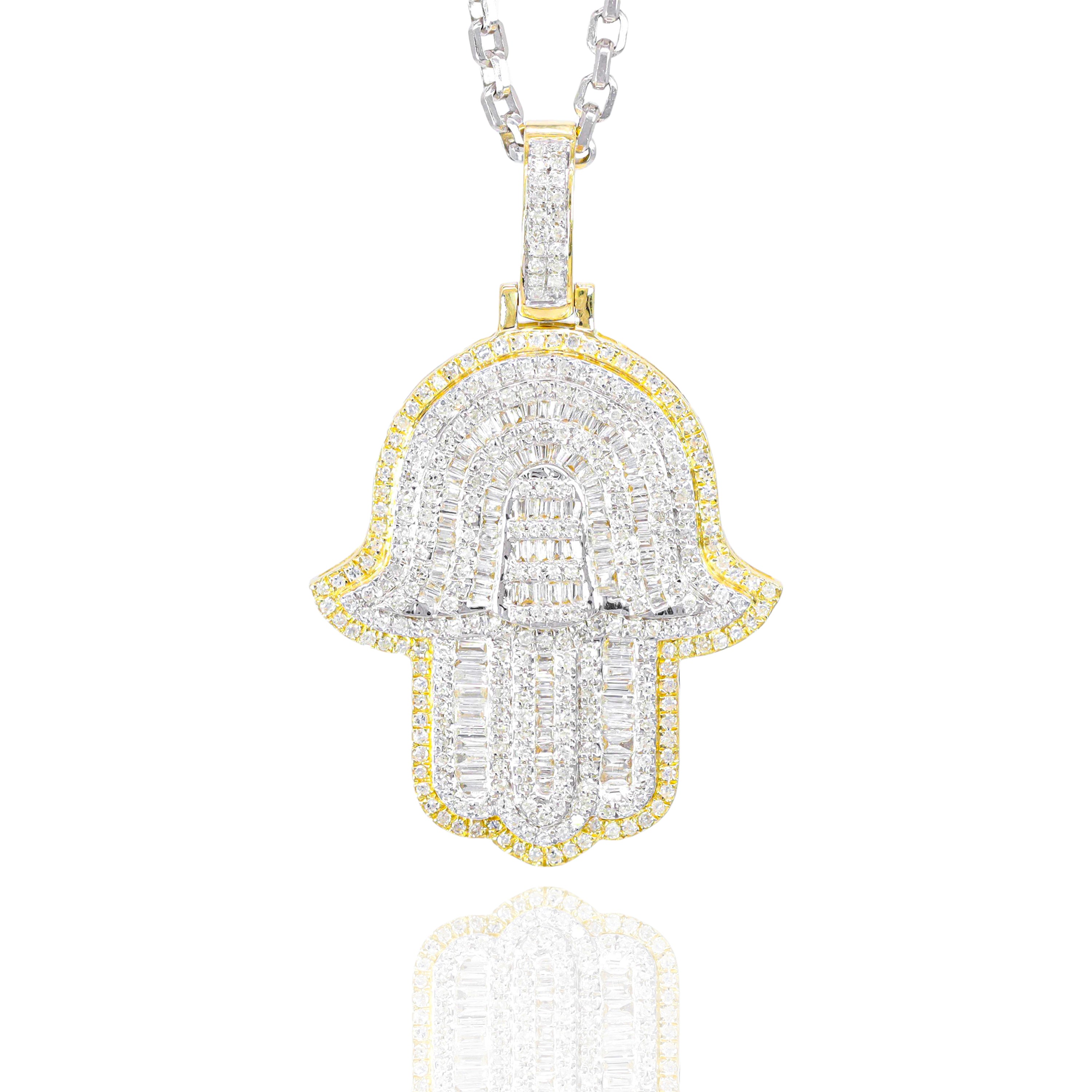 Two-Tone Hamza Hand Baguette Diamond Pendant