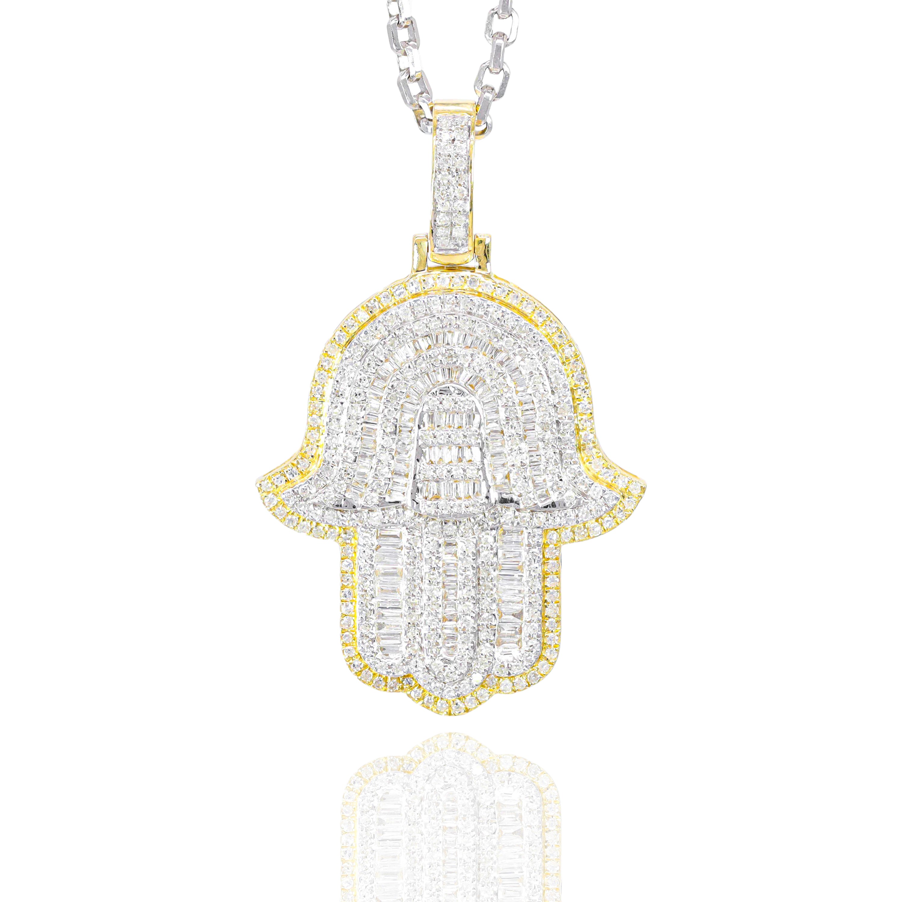 Two-Tone Hamza Hand Baguette Diamond Pendant