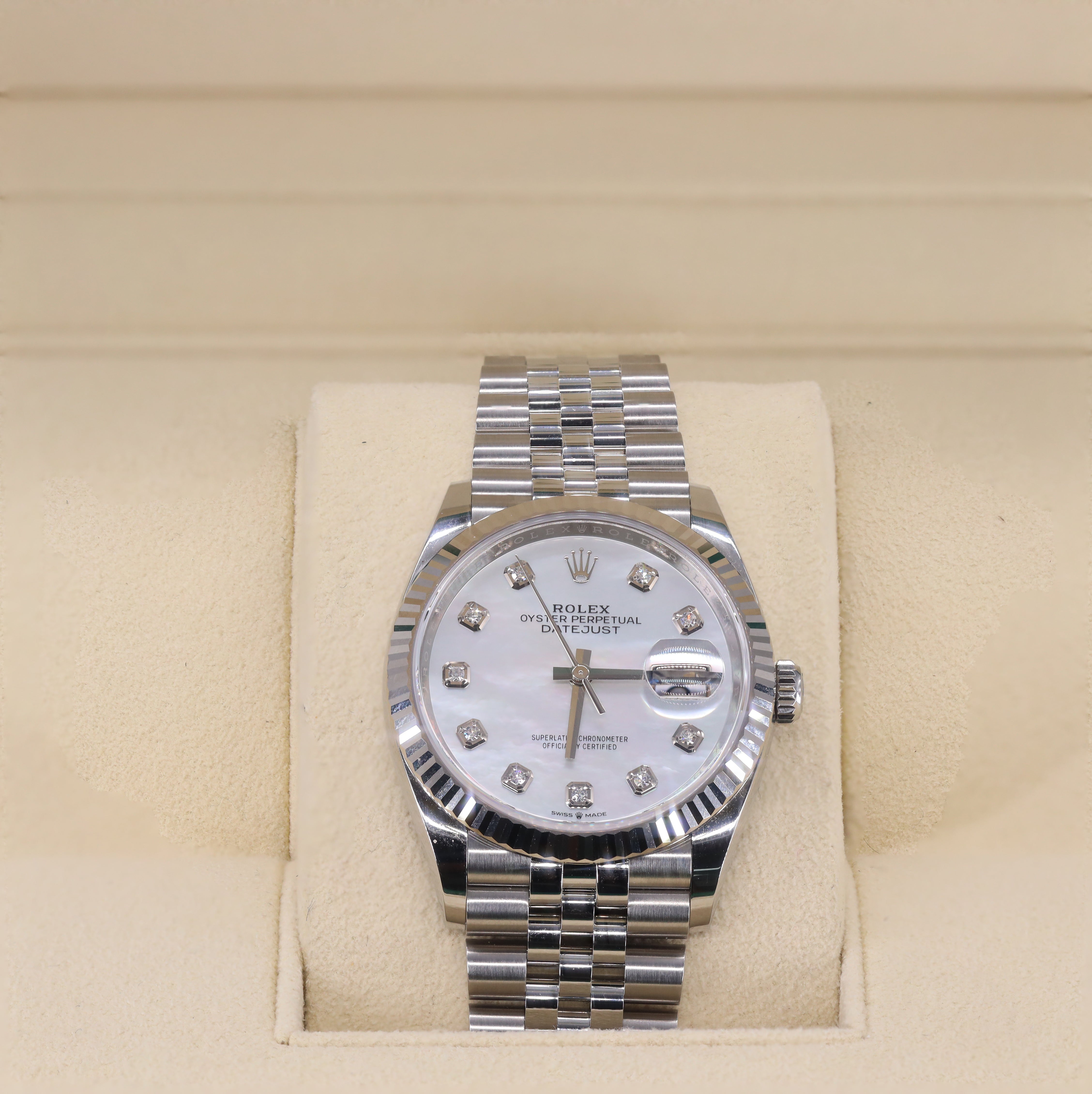 Rolex 126234 DateJust White Mother-of-Pearl Diamond-Set Dial 36mm Fluted Bezel