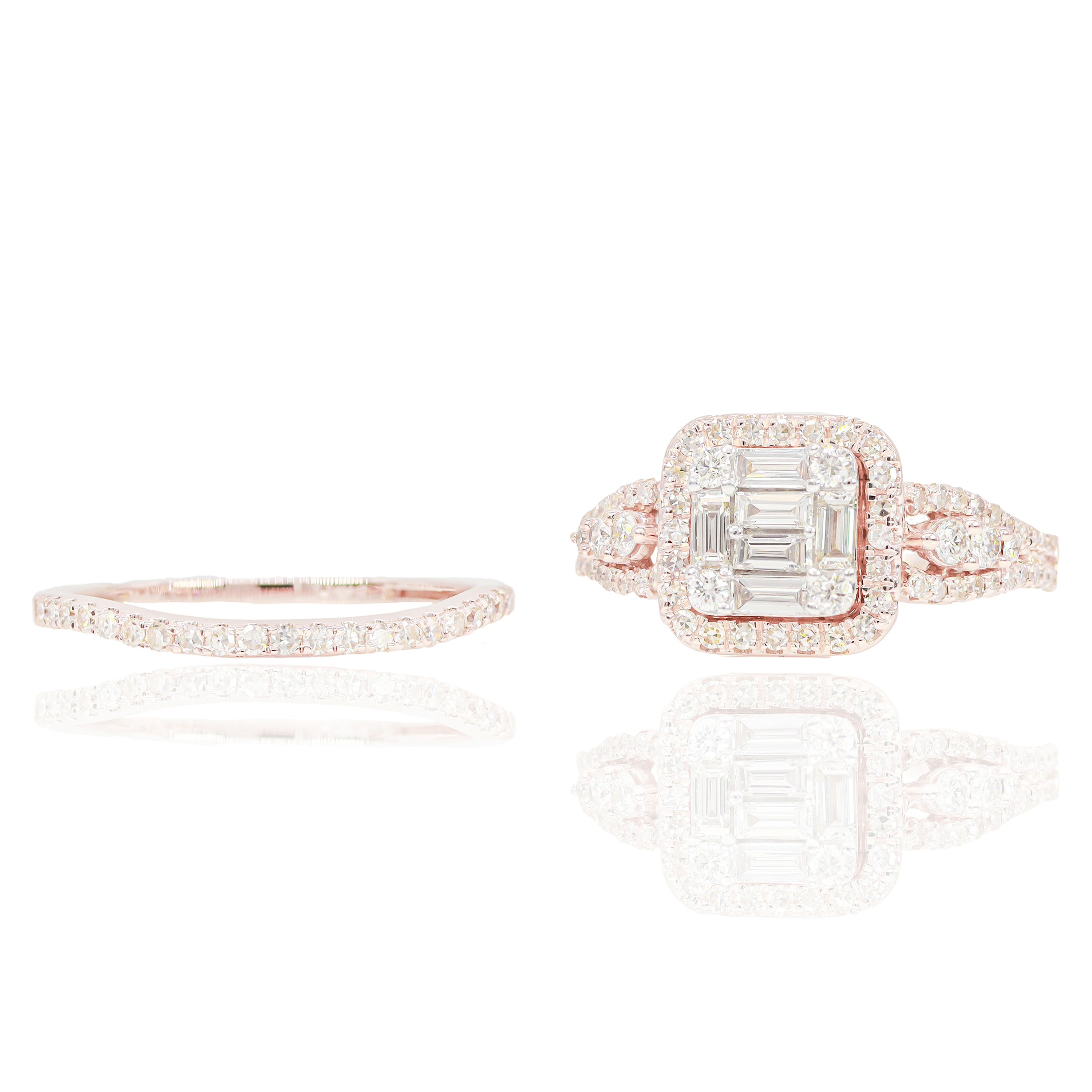 Rose Gold Baguette Diamond Engagement Ring & Band