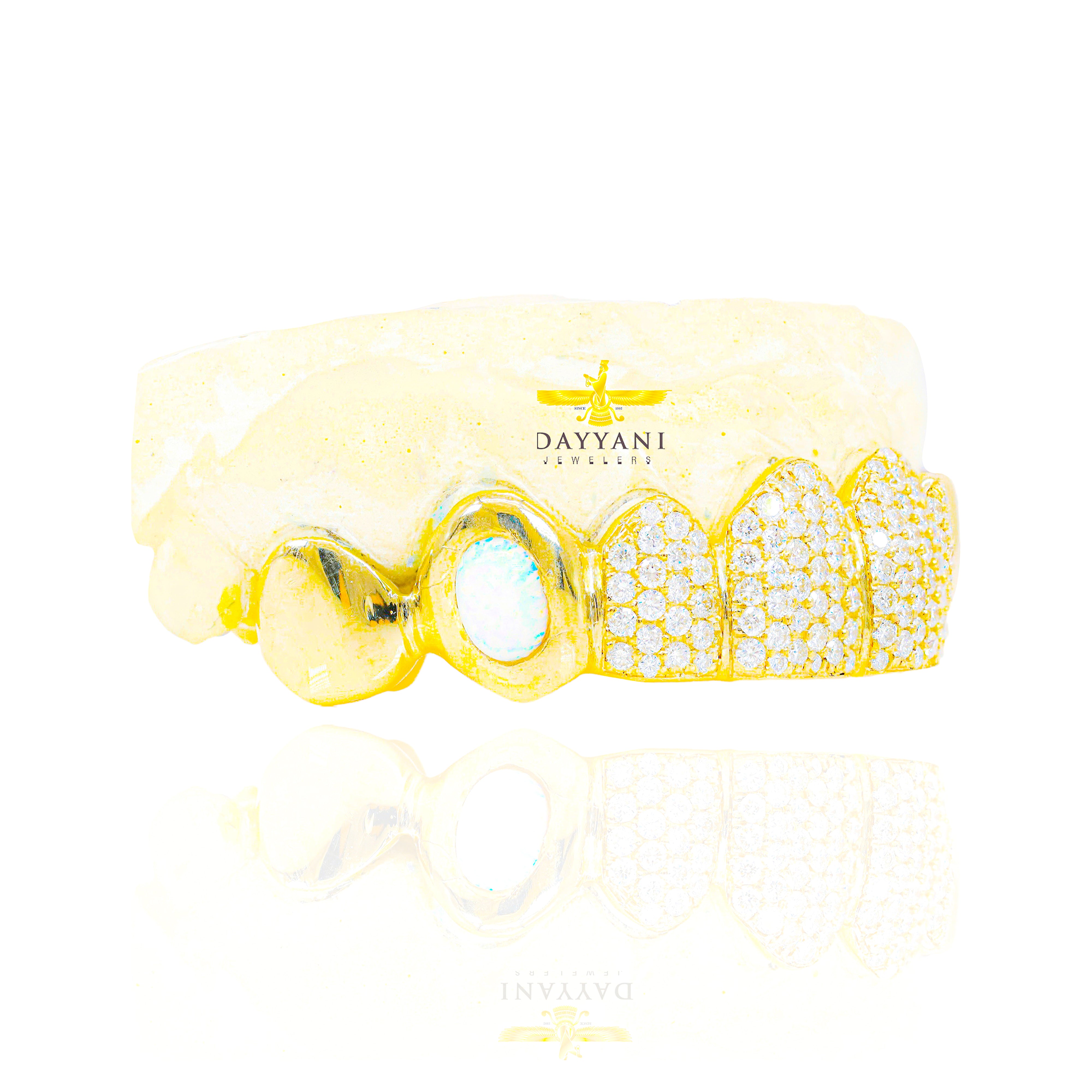 Custom 4 Middle Diamond & Opal Fangs Gold Grillz with Solid Ends