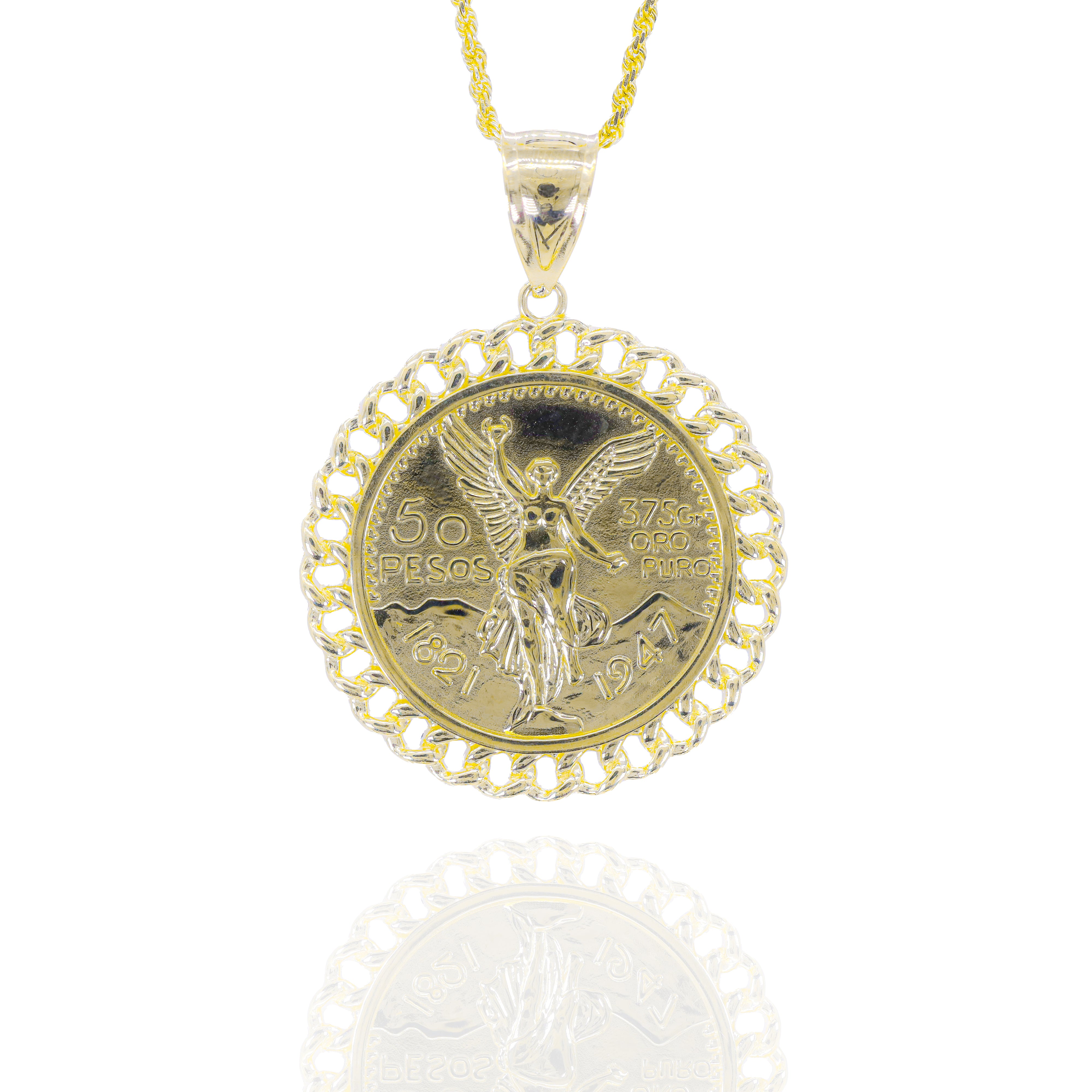 Gold coin pendant with a chain on a white background