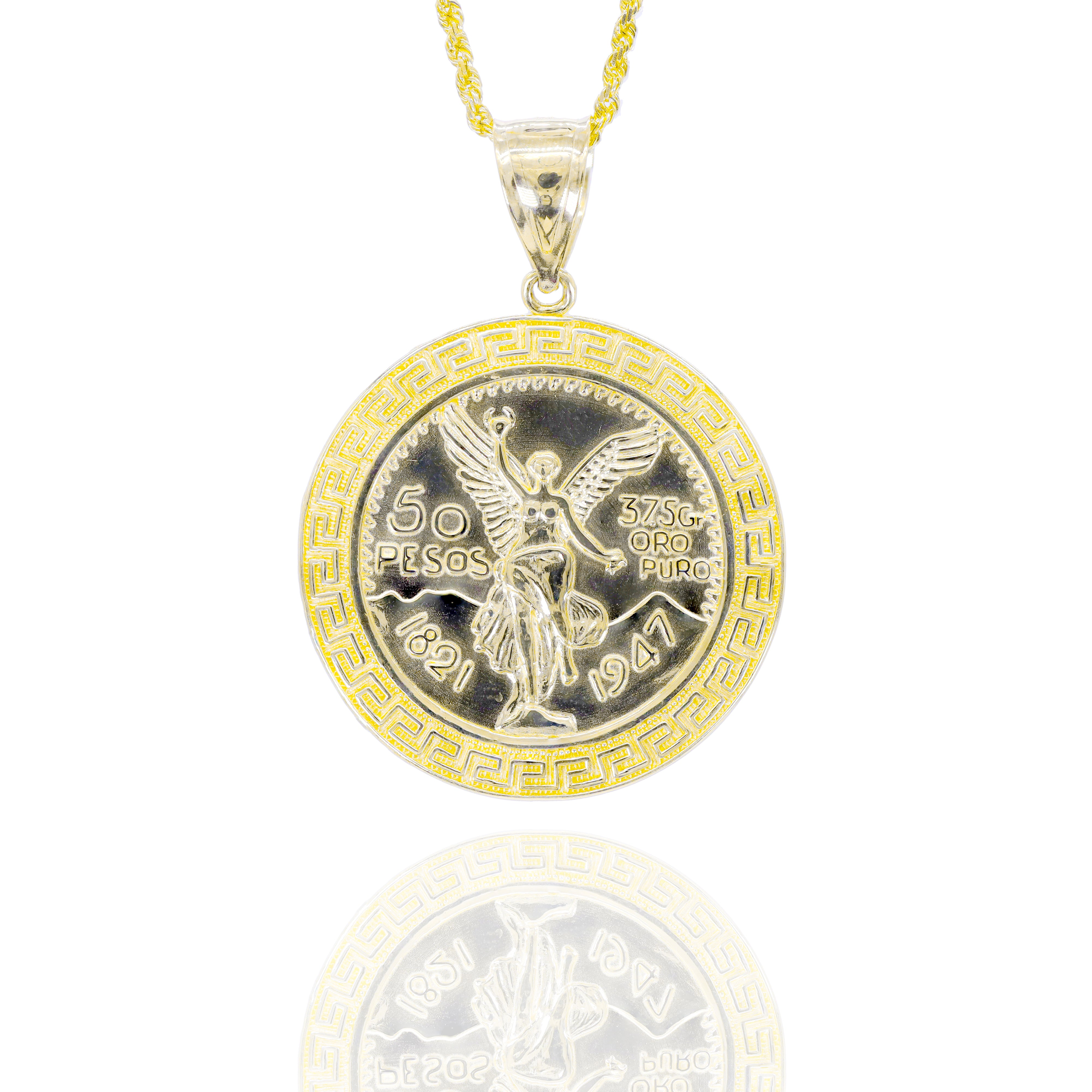Gold coin pendant with a chain on a white background
