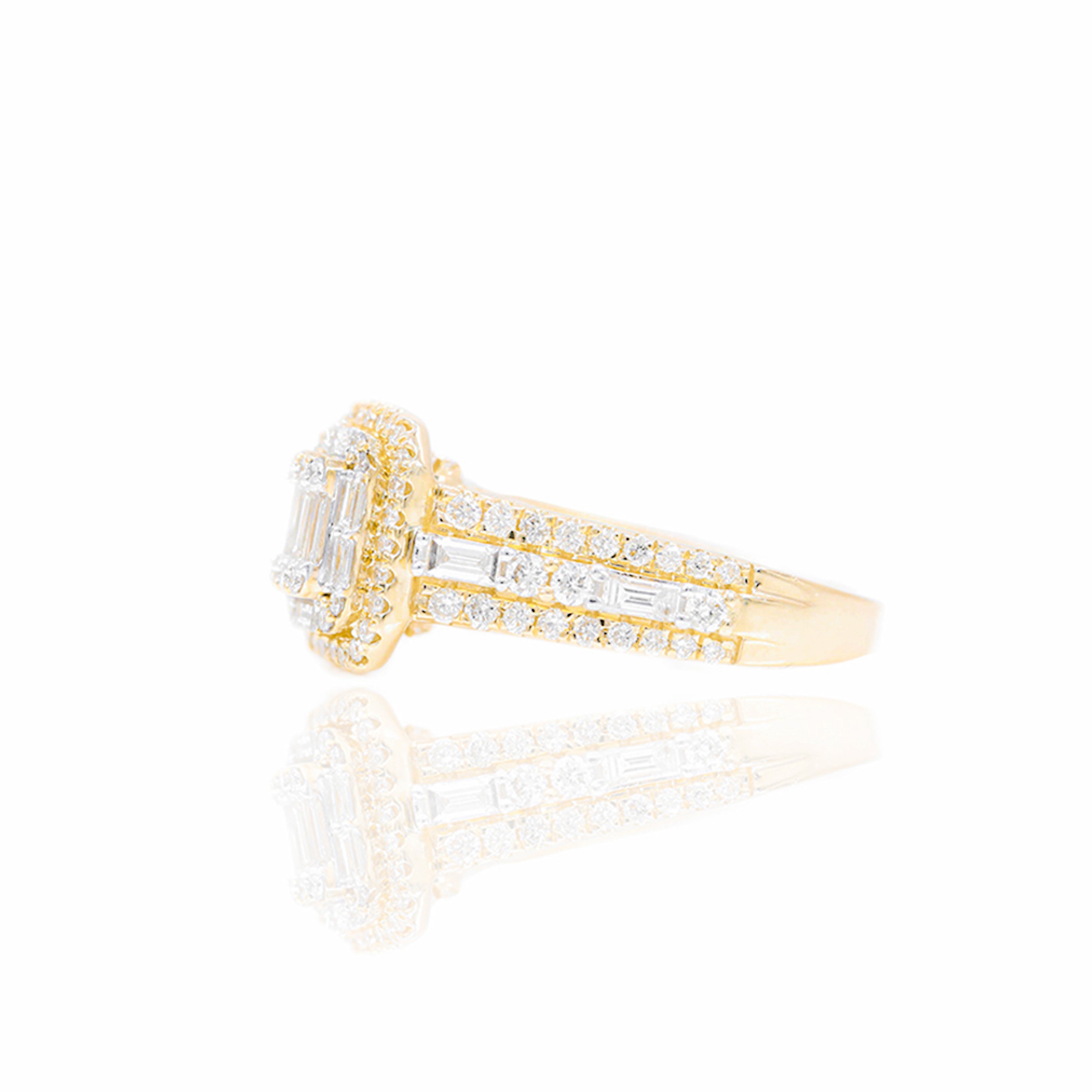 Two-Tone Baguette with Halo Diamond Engagement Ring & Band