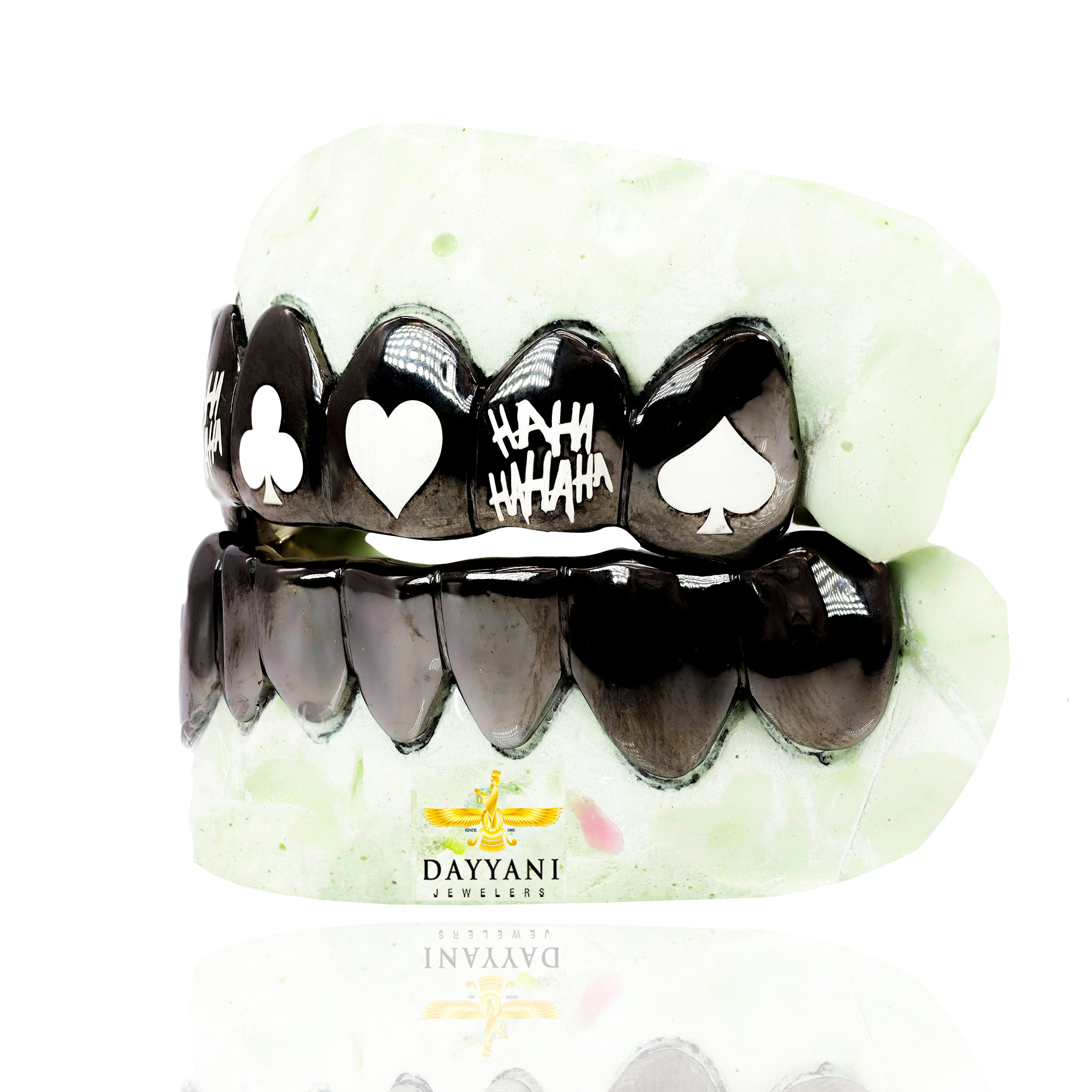 Custom 6 Teeth Joker Grill with Black Rhodium with Engravings Gold Grillz
