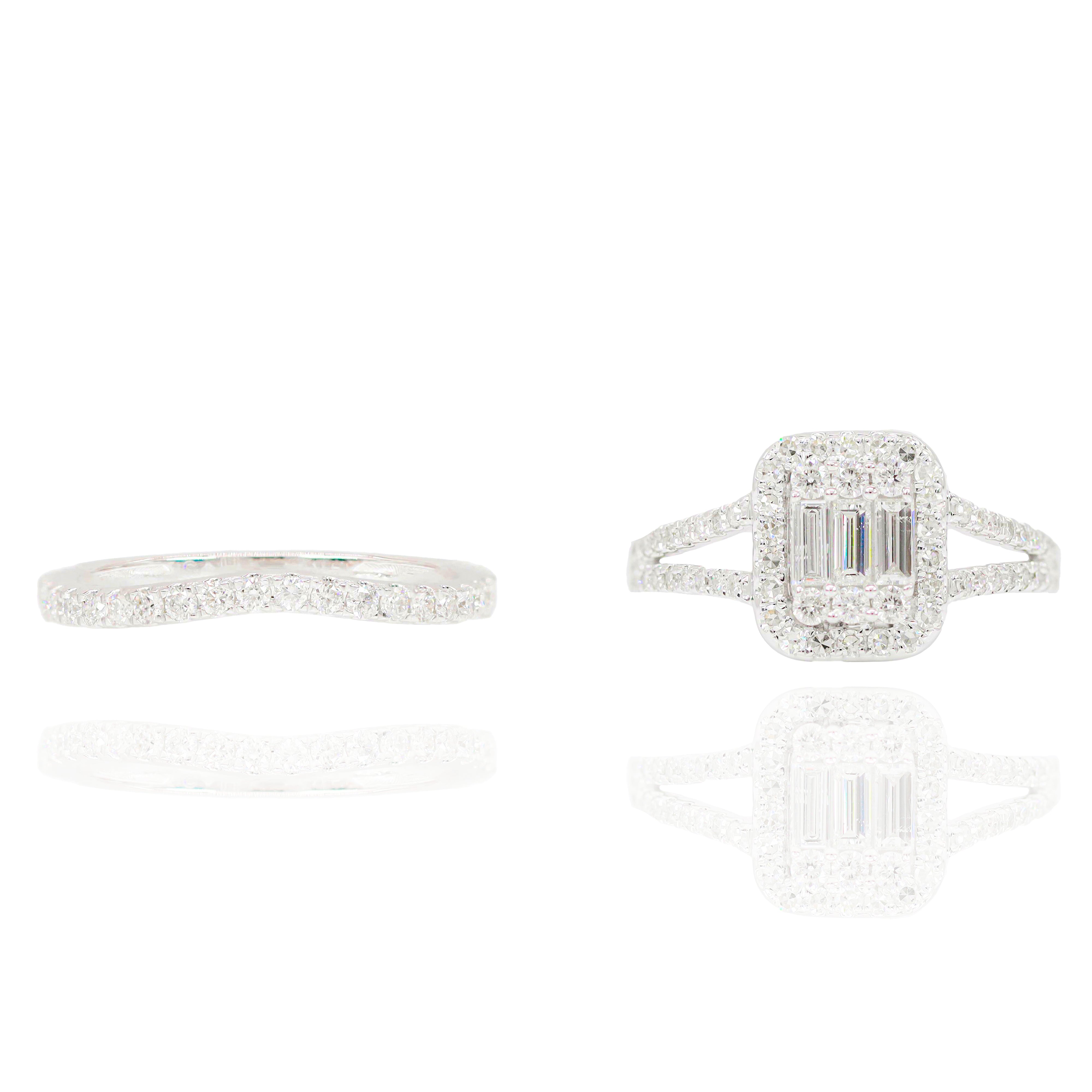 3 Row Baguette with Halo Diamond Engagement Ring & Band