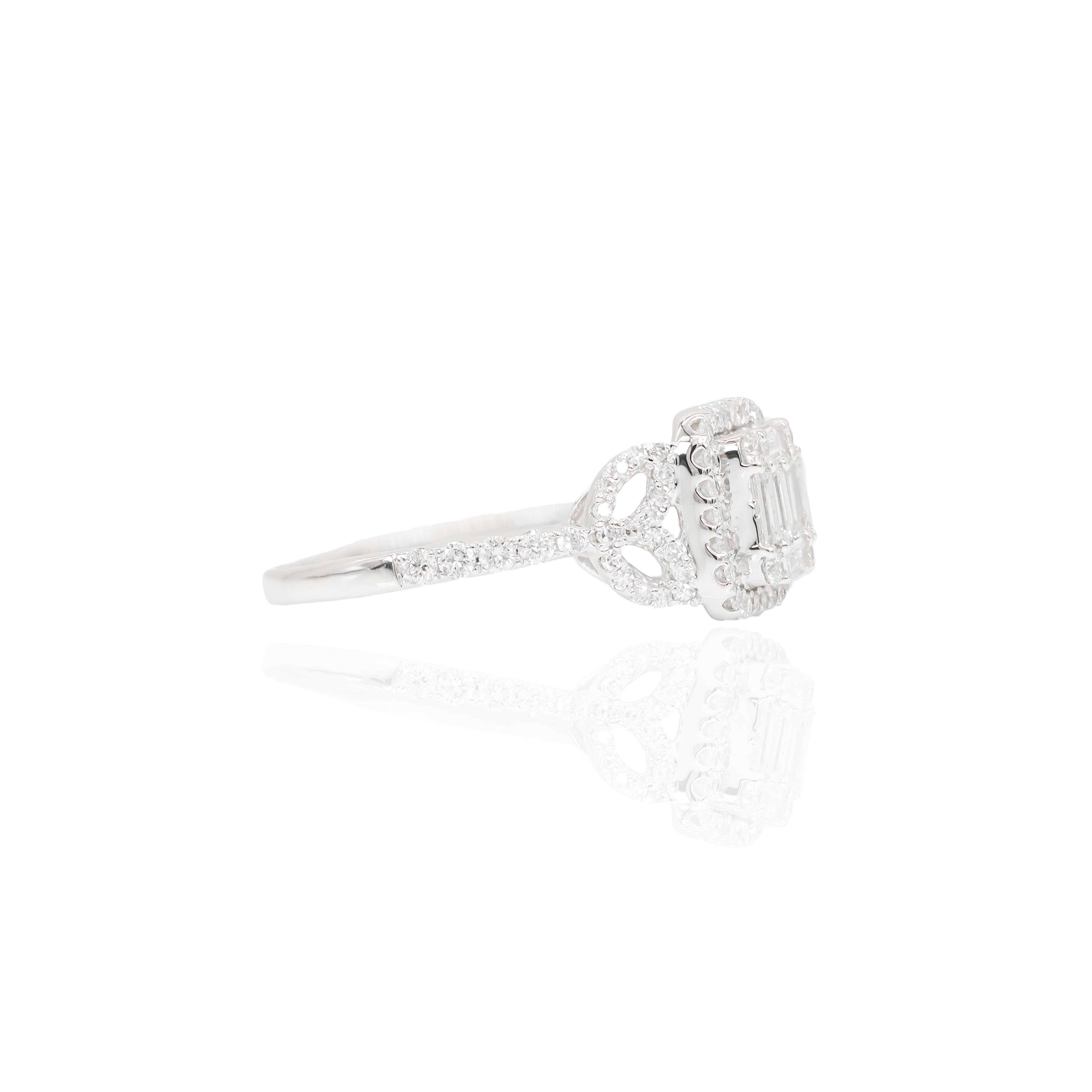 Baguette Center w/ Round Halo Diamond Engagement Ring & Band w/ Half Cuts on Side
