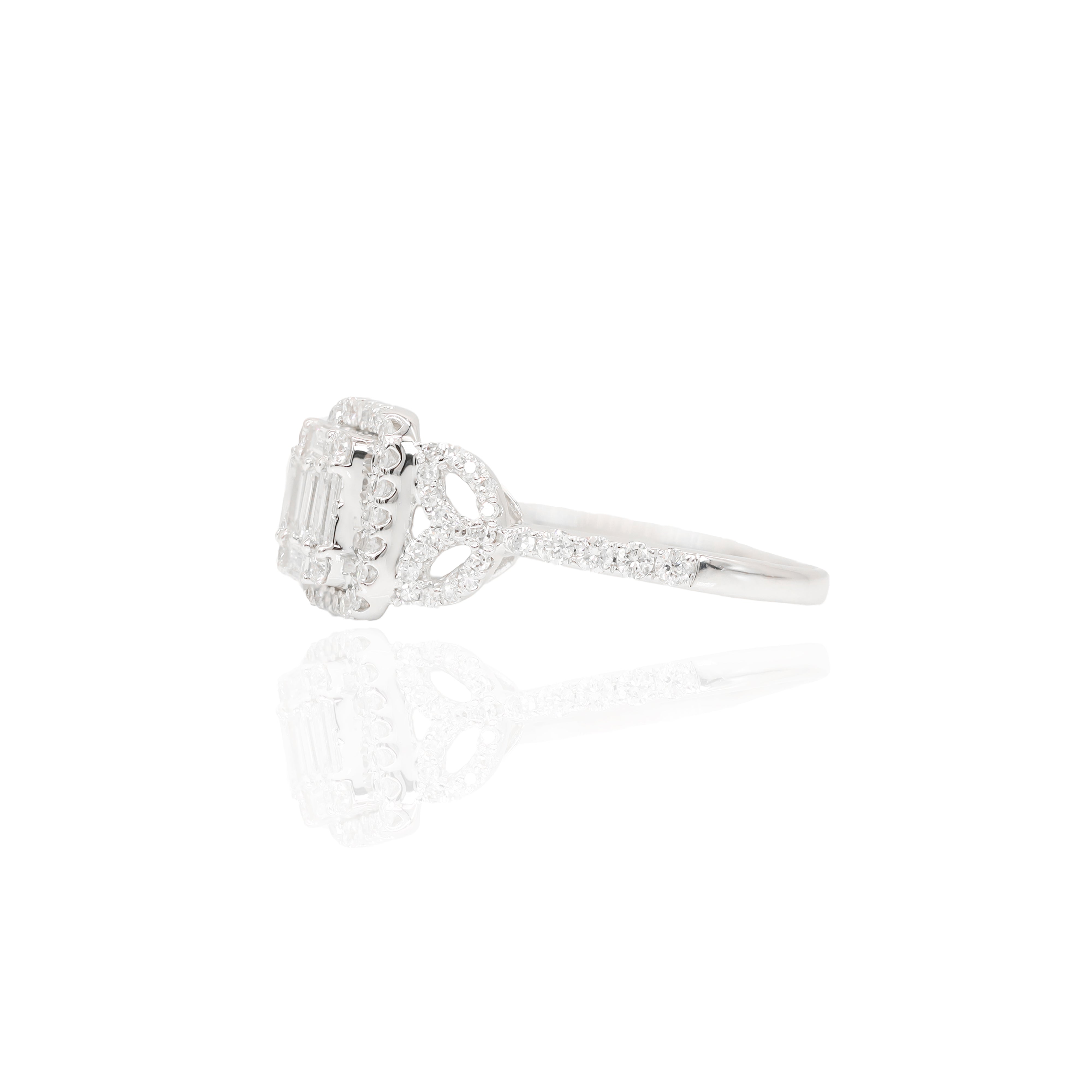 Baguette Center w/ Round Halo Diamond Engagement Ring & Band w/ Half Cuts on Side