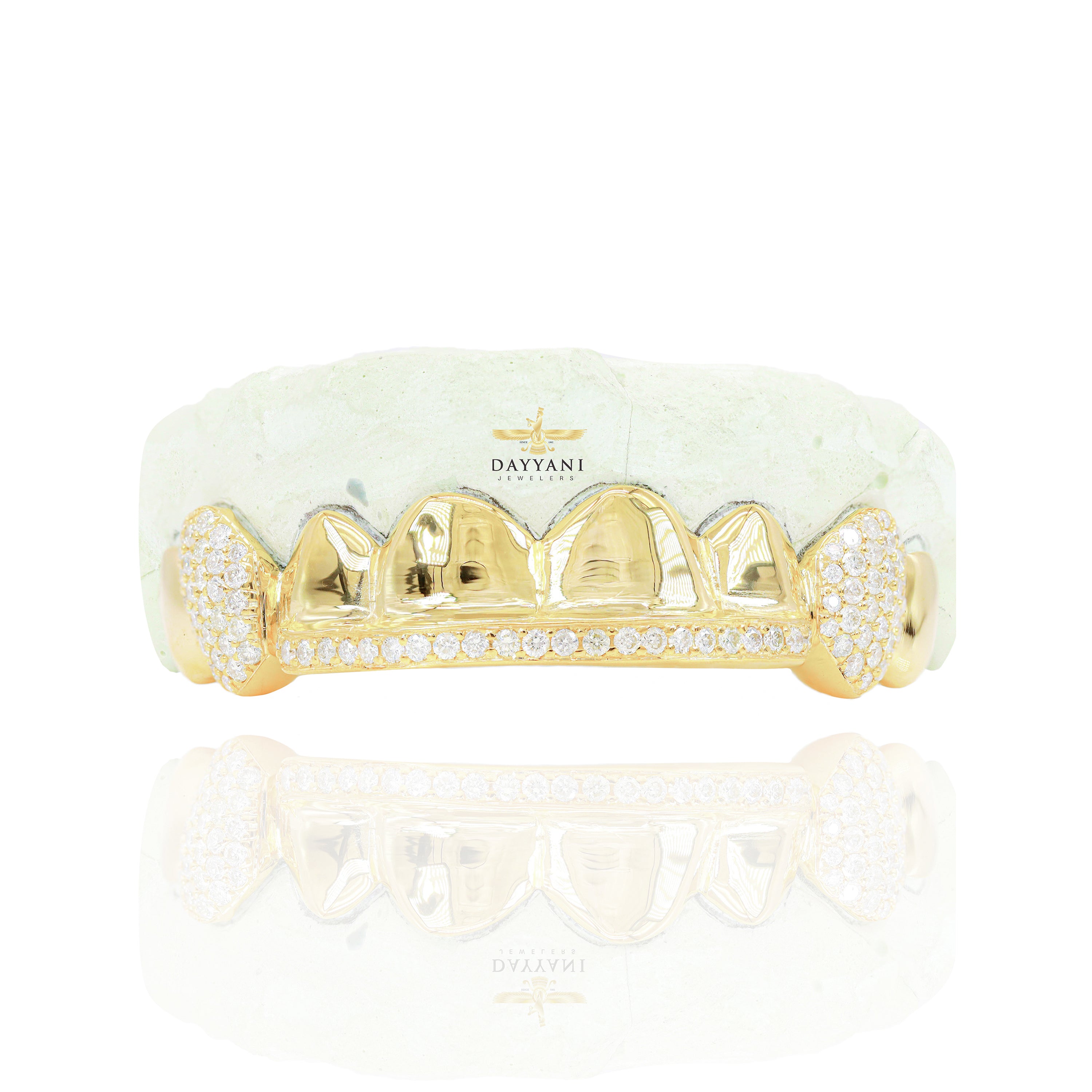 Custom 8 Teeth Grillz with Diamond on Fangs and Diamond Bar Gold Grillz