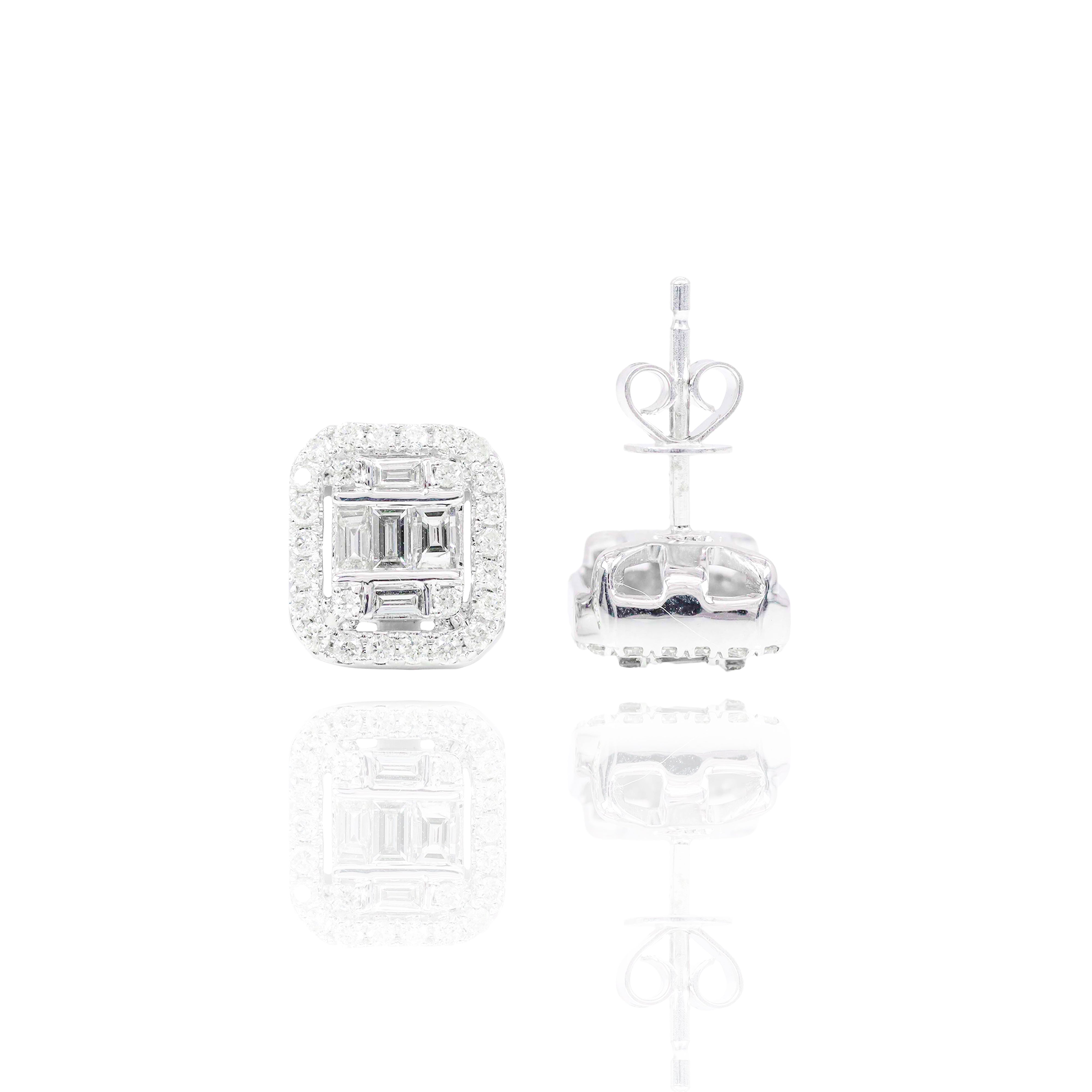 Rectangle Baguette Diamond Cluster Earrings w/ Diamond Border