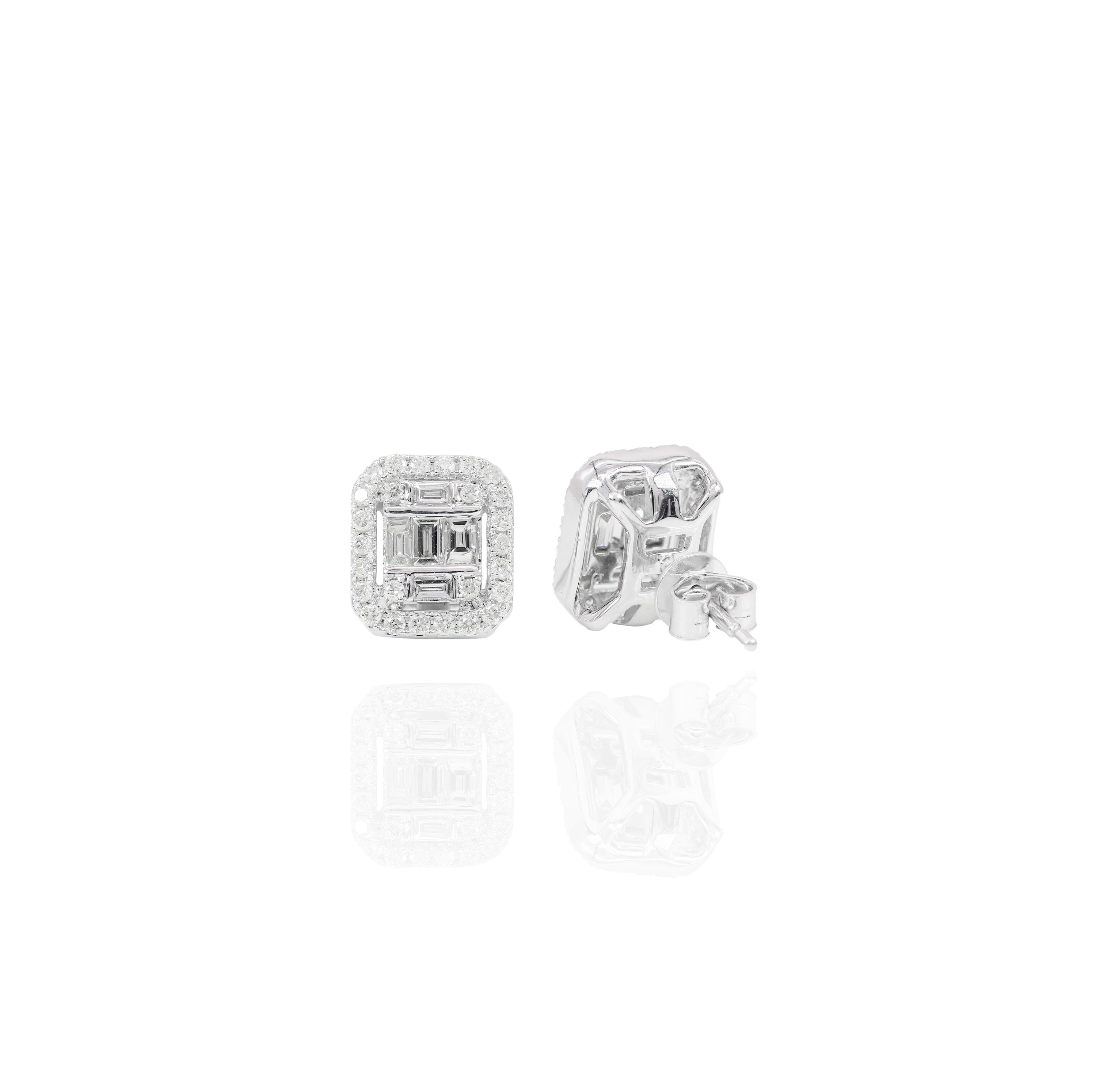 Rectangle Baguette Diamond Cluster Earrings w/ Diamond Border