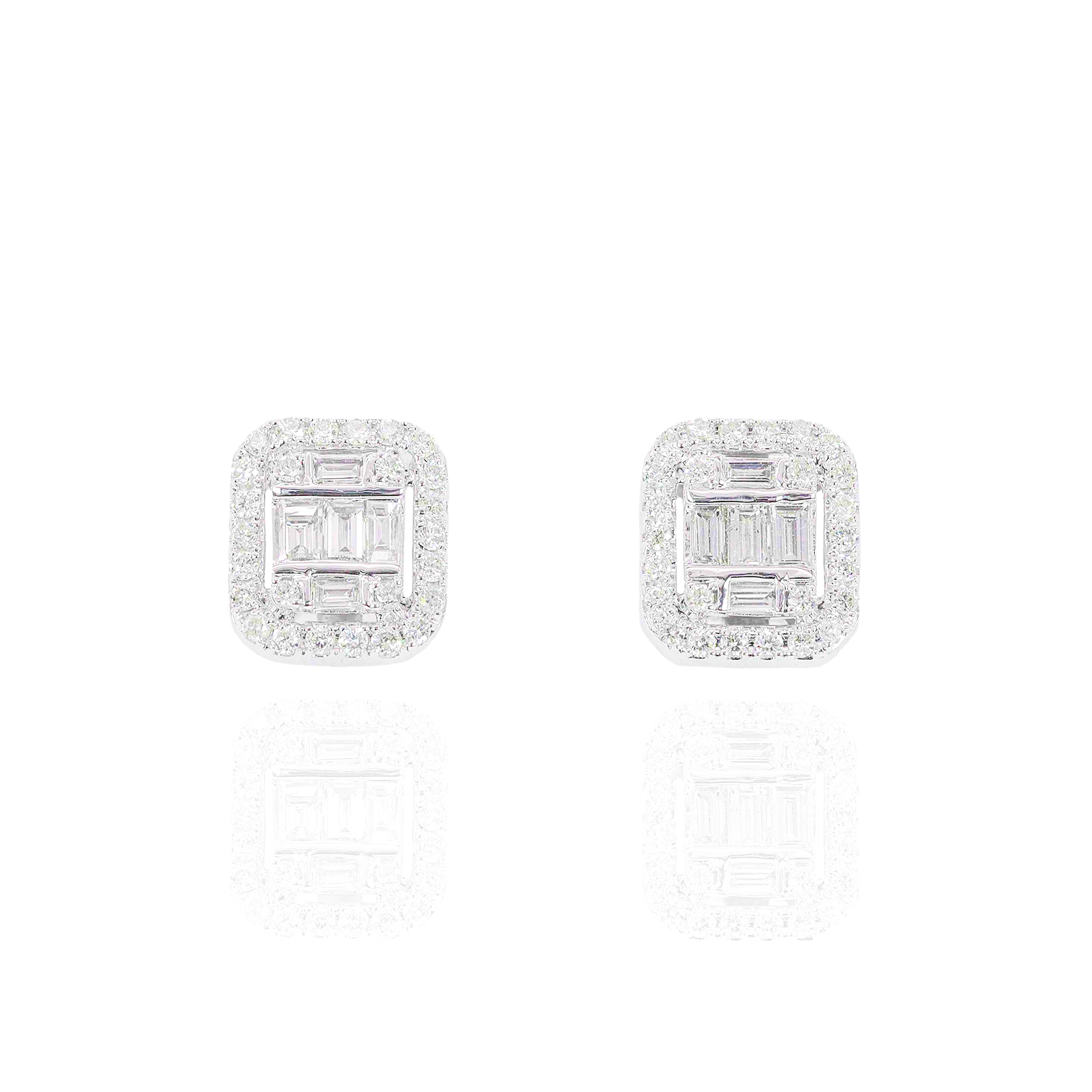 Rectangle Baguette Diamond Cluster Earrings w/ Diamond Border