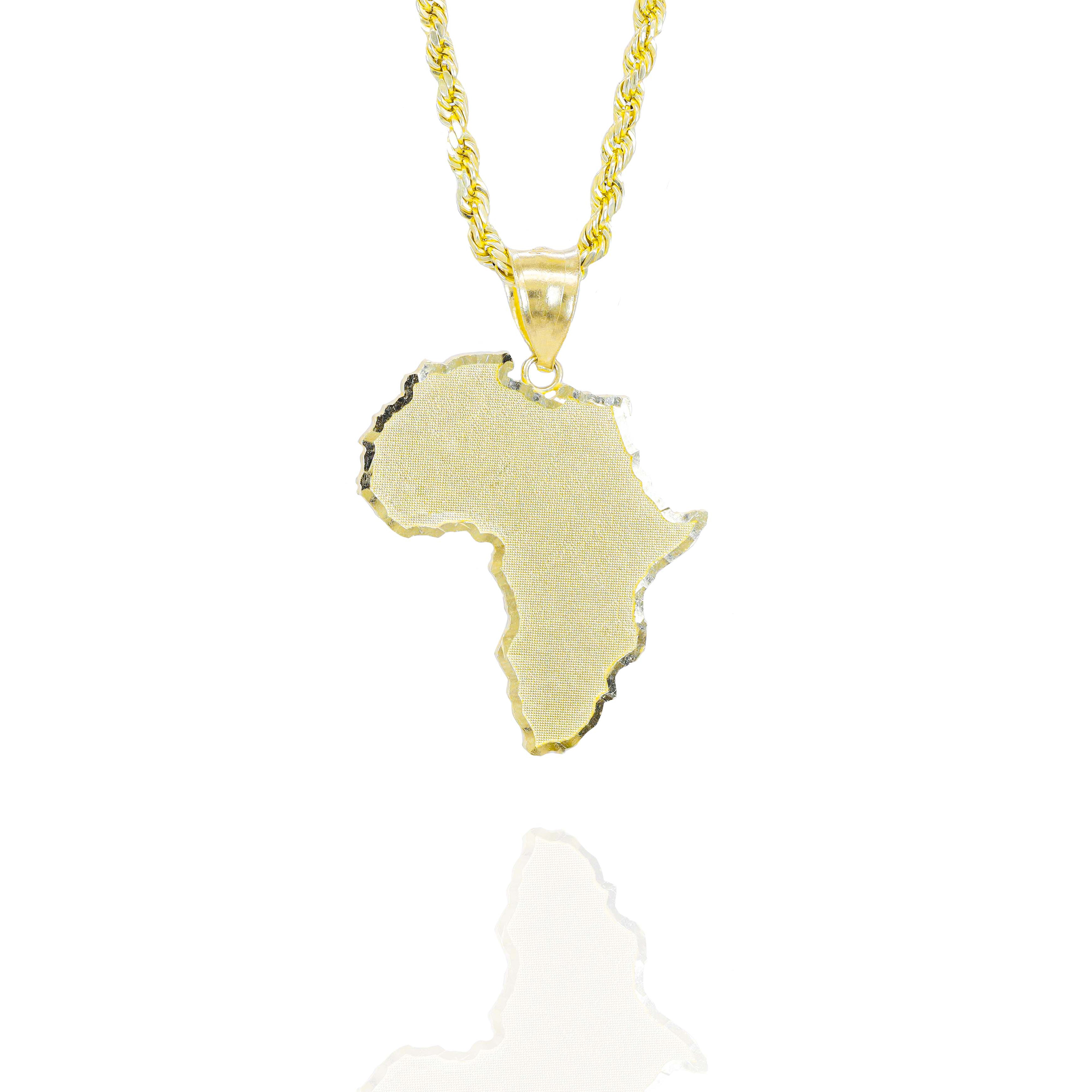 Gold necklace with a solid gold pendant shaped like the continent of Africa