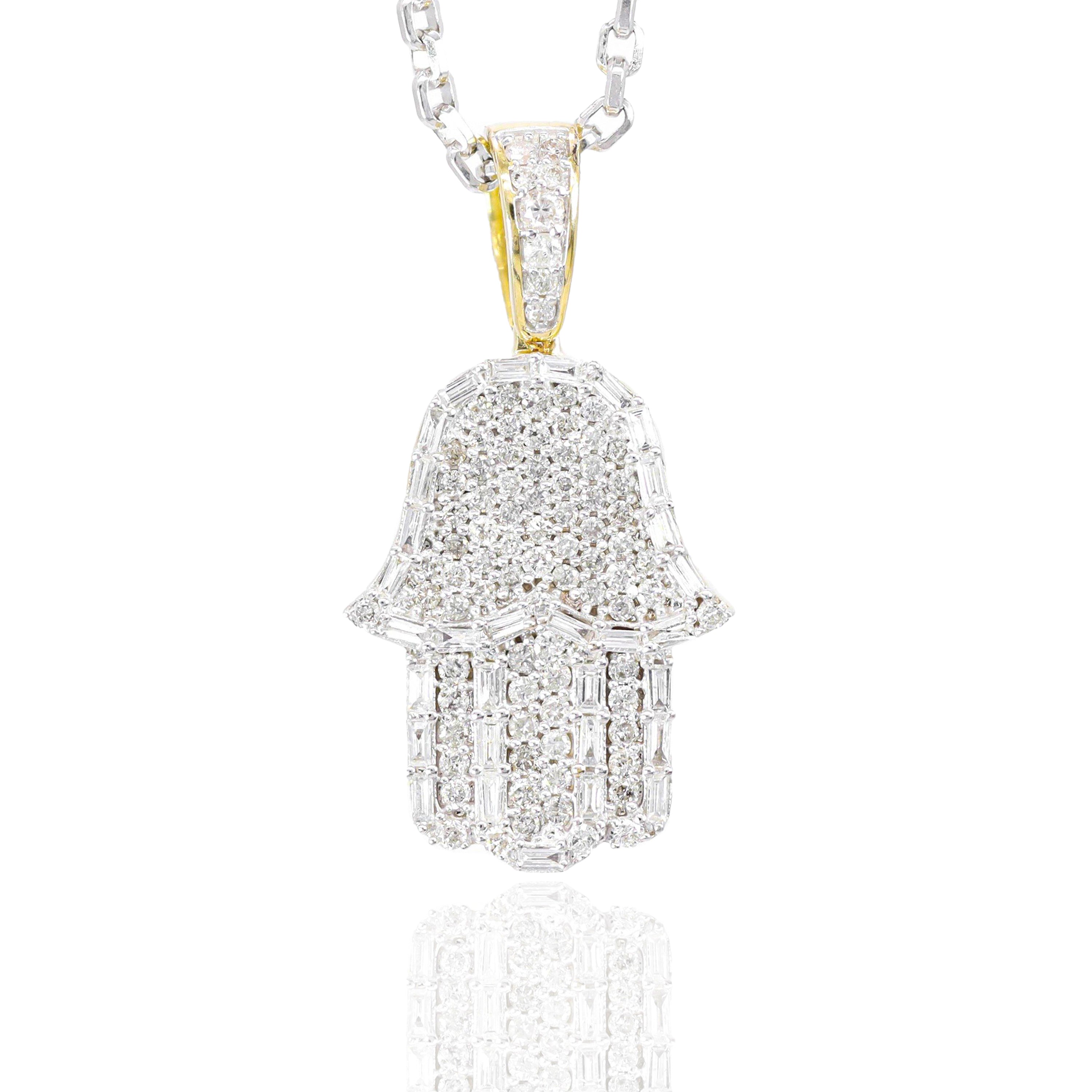 Baguette Diamond Border Hamza Hand Pendant