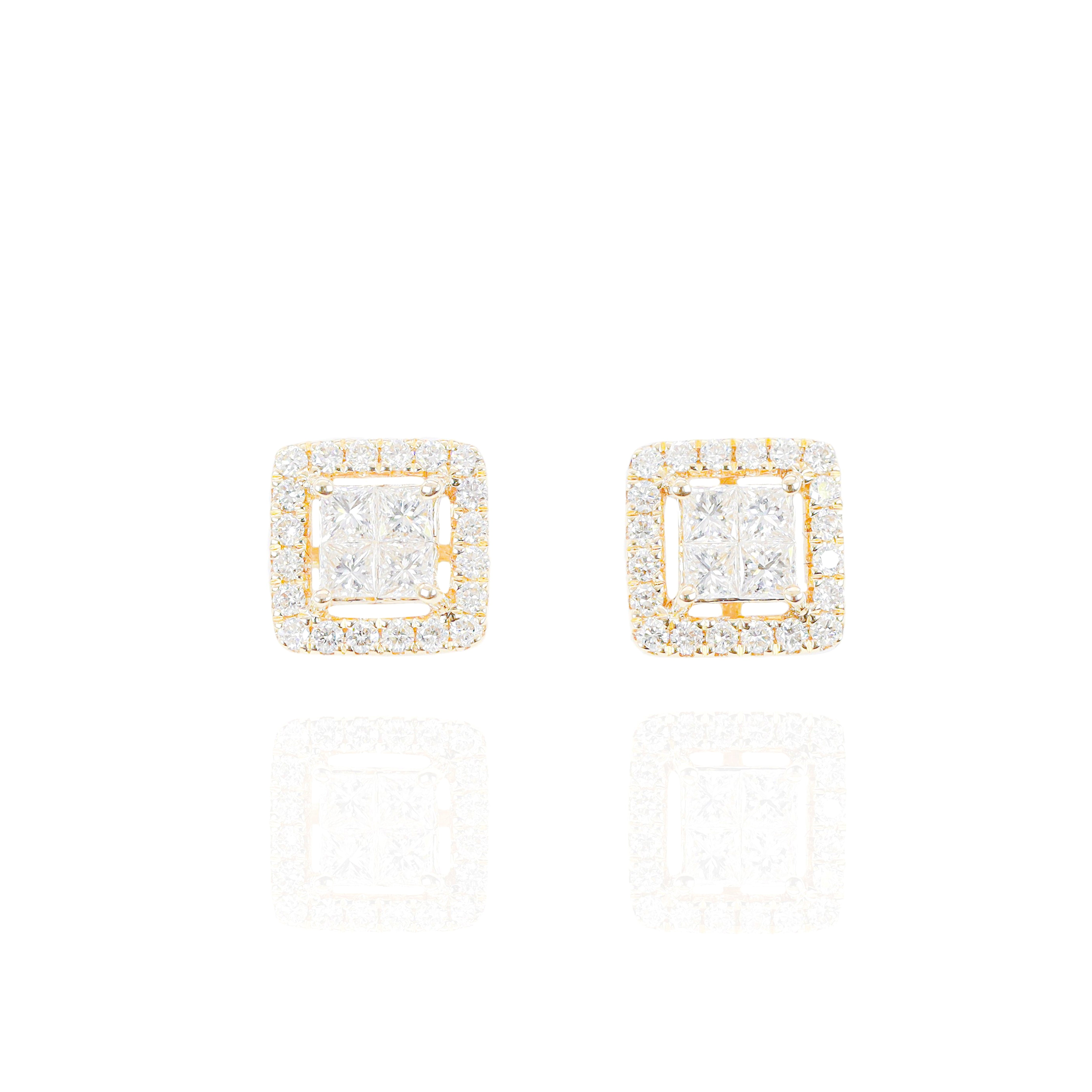 Invisible Set Princess Cut Diamond Earrings with Round Diamond Border