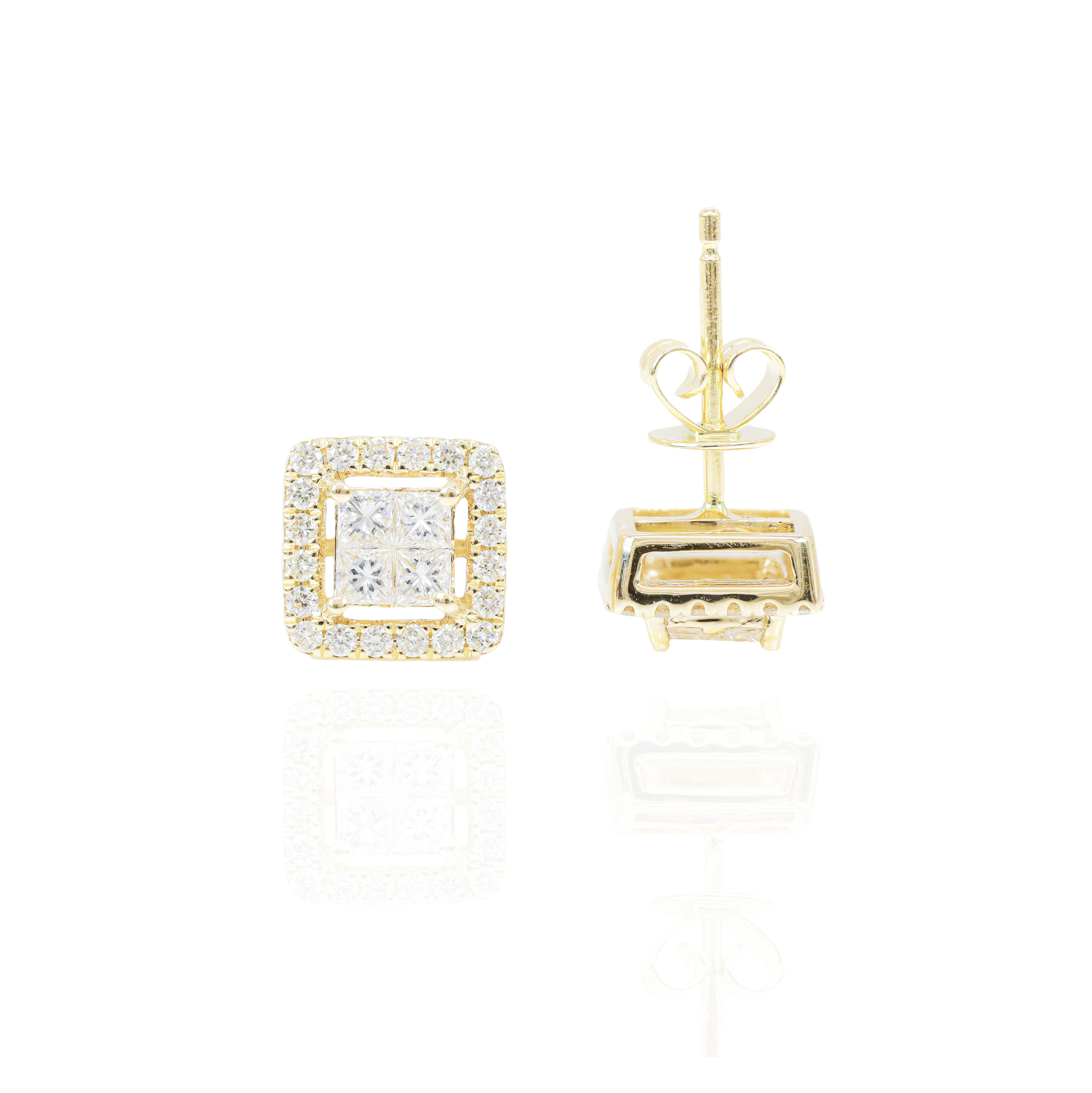 Invisible Set Princess Cut Diamond Earrings with Round Diamond Border