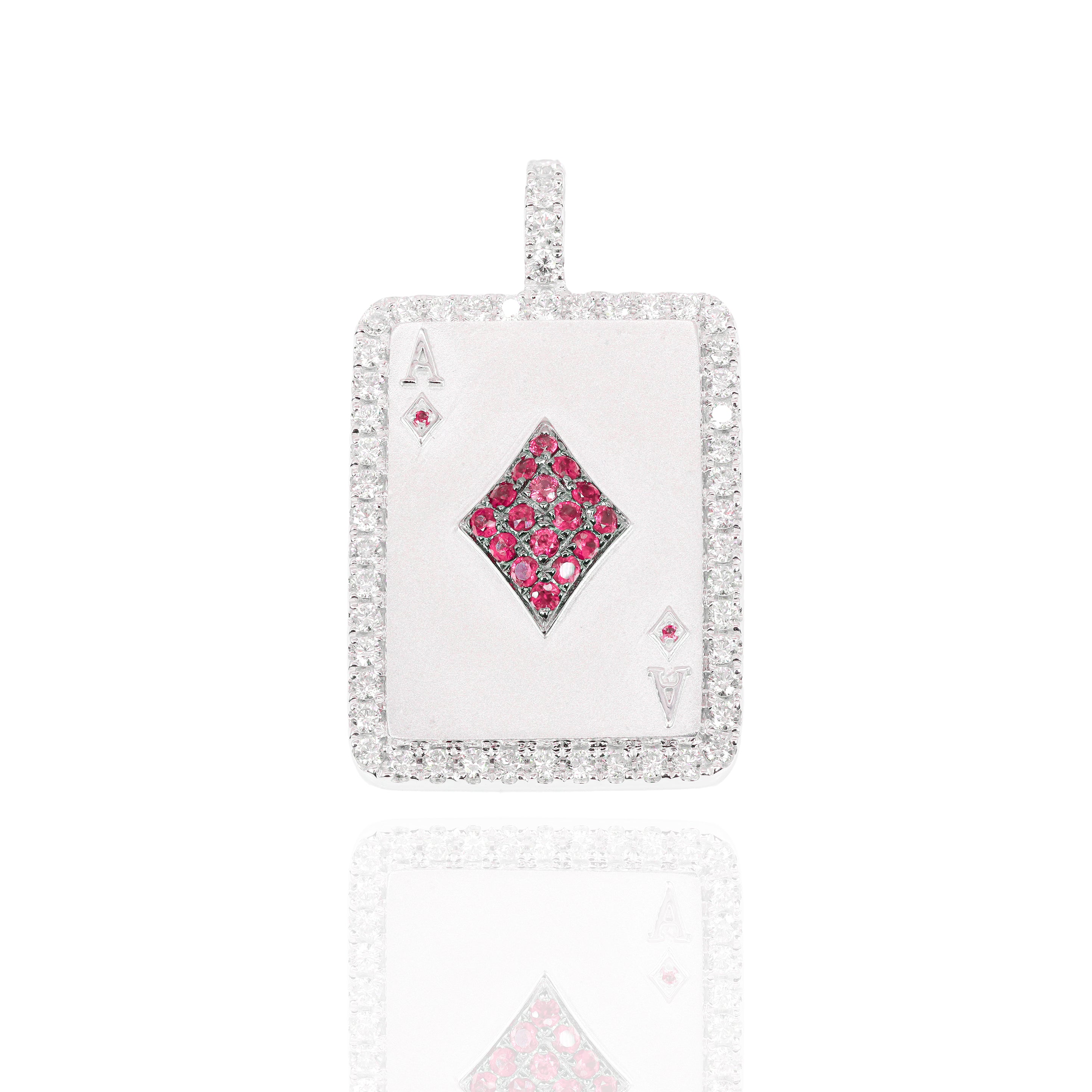 Ace of Diamonds Card Pendant with Red Rubies