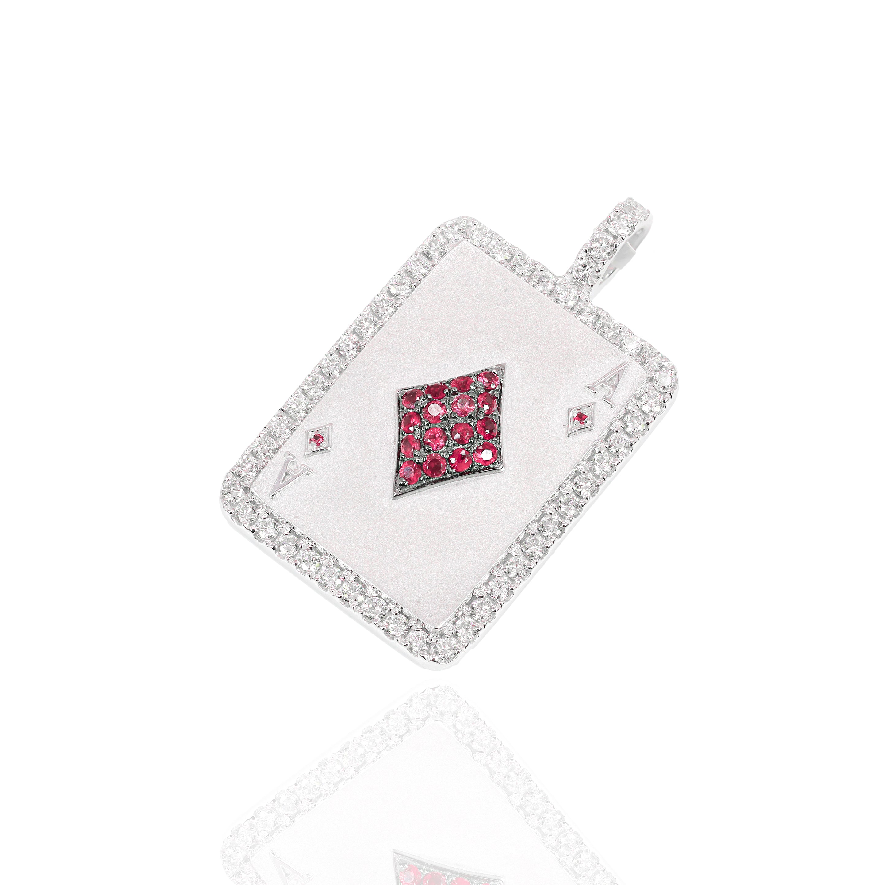 Ace of Diamonds Card Pendant with Red Rubies