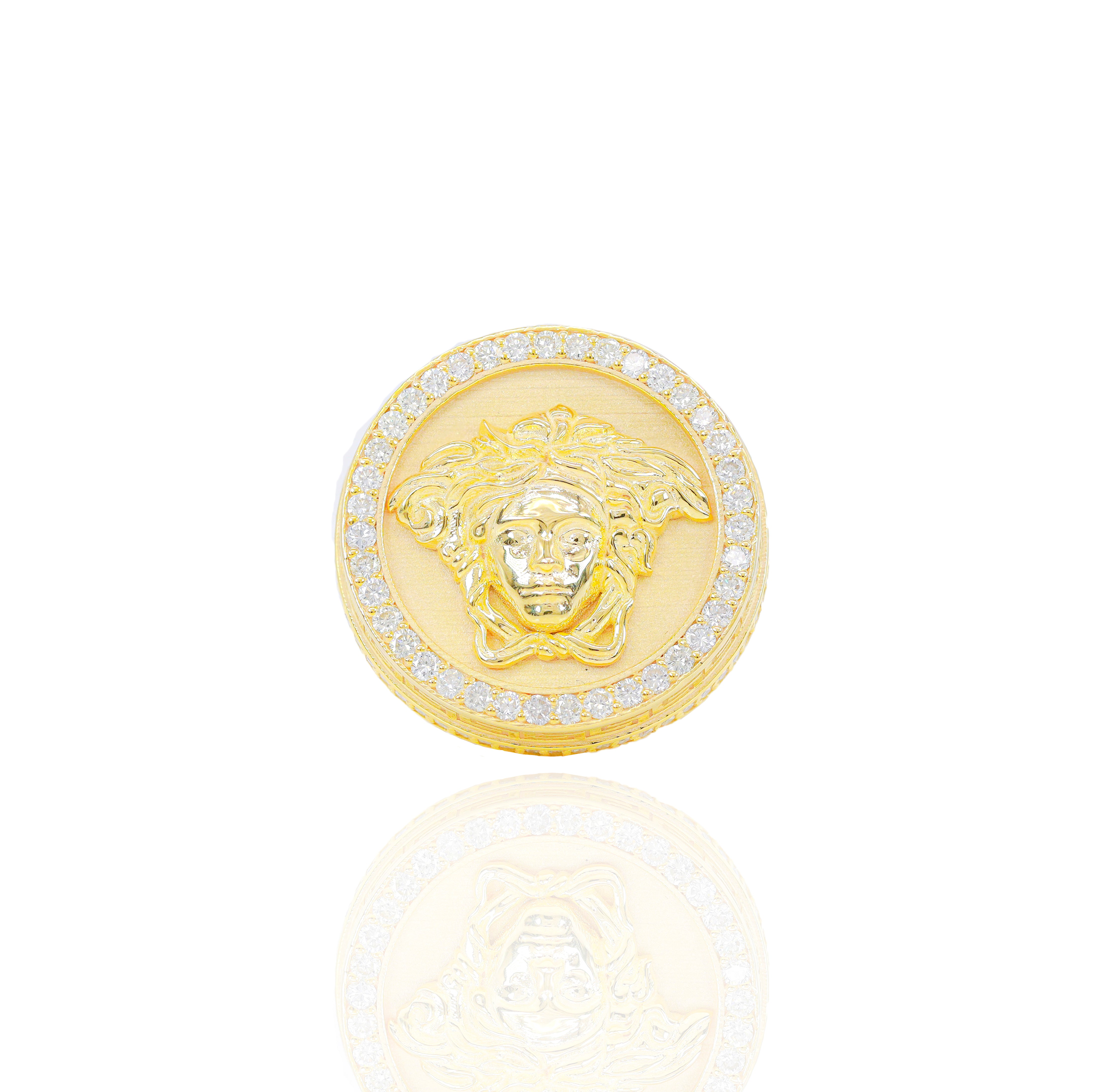 3D Gold Medusa w/ Diamond Border Gold Ring
