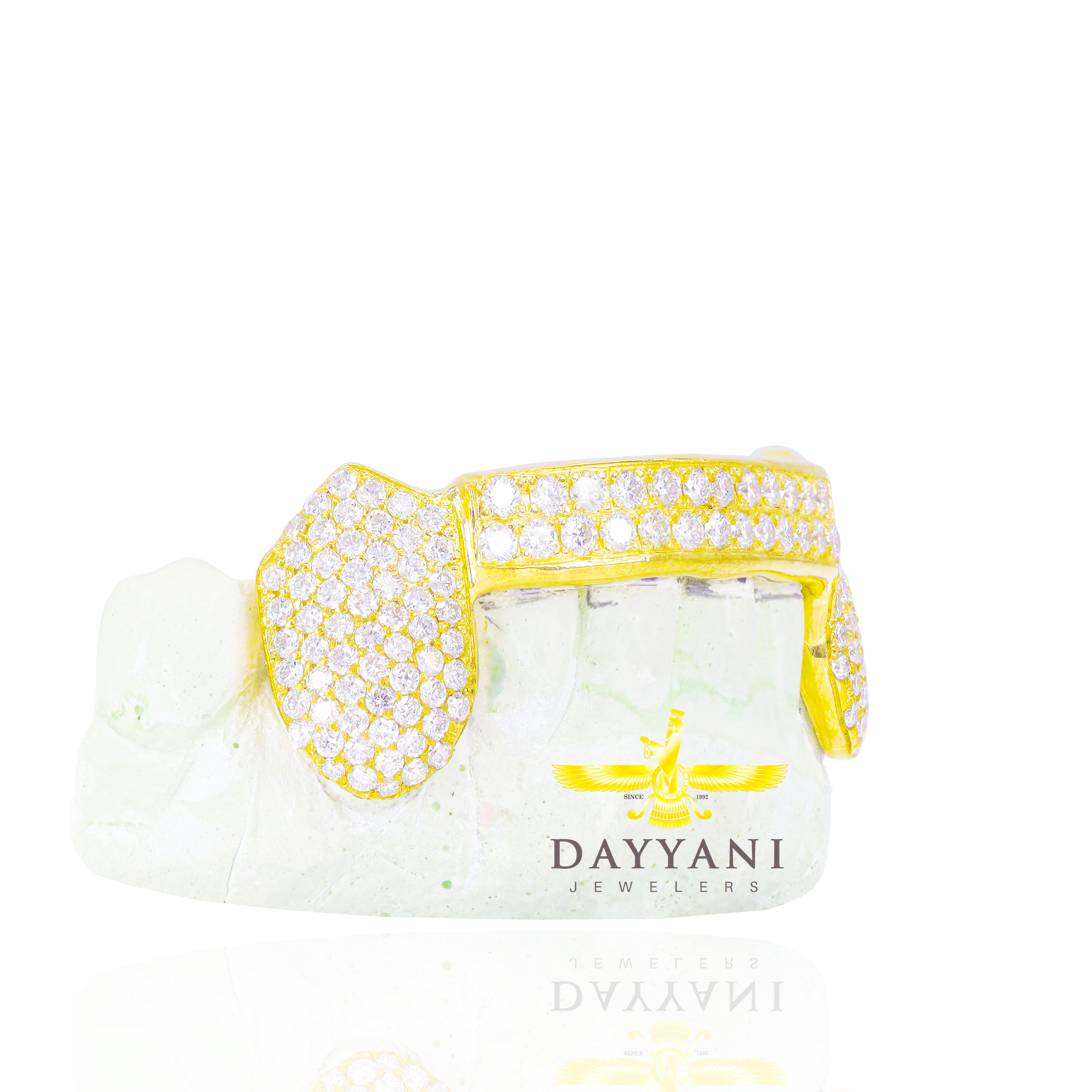 Custom Two Row Diamond Bar with Diamond Fangs Gold Grillz