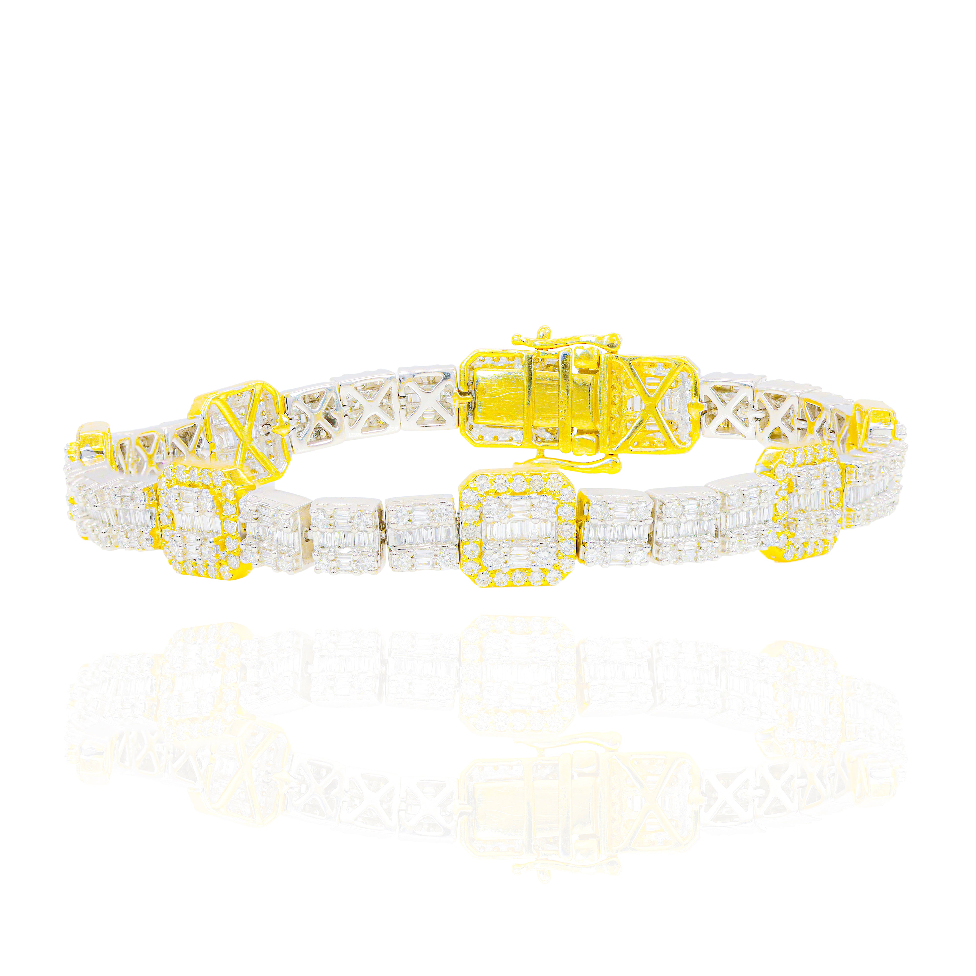 Square Link Two-Tone Baguette & Round Diamond Tennis Bracelet