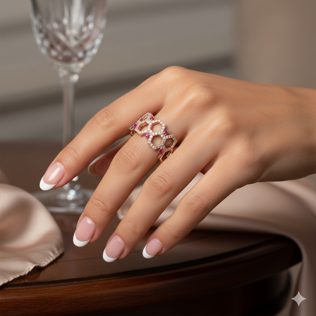 Diamond Honey-Comb Ring with Gemstones