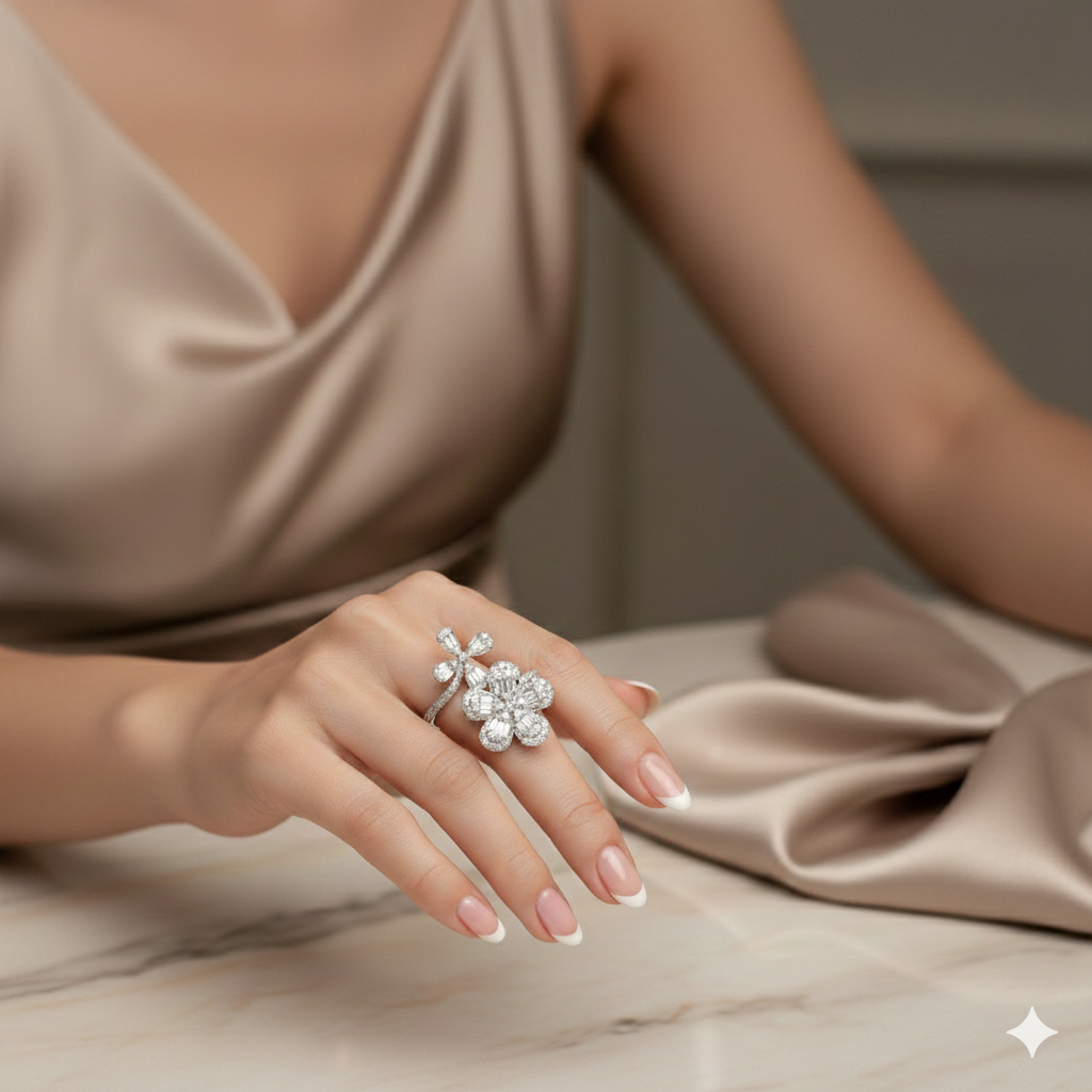 Double Flower Baguette and Round Diamond Cocktail Ring