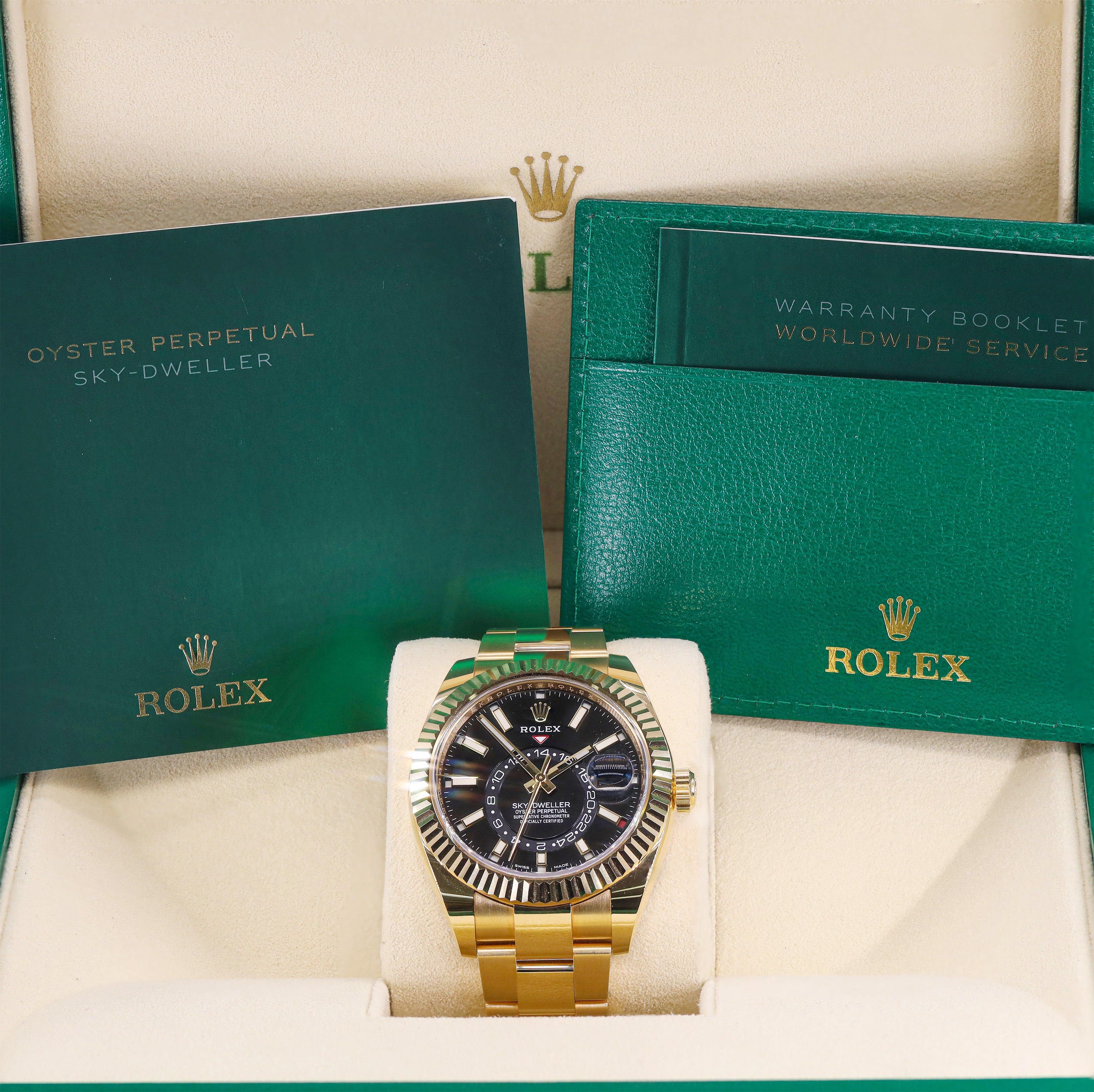 Rolex 326938 Sky Dweller Black Dial Solid 18KT Yellow Gold Oyster Band