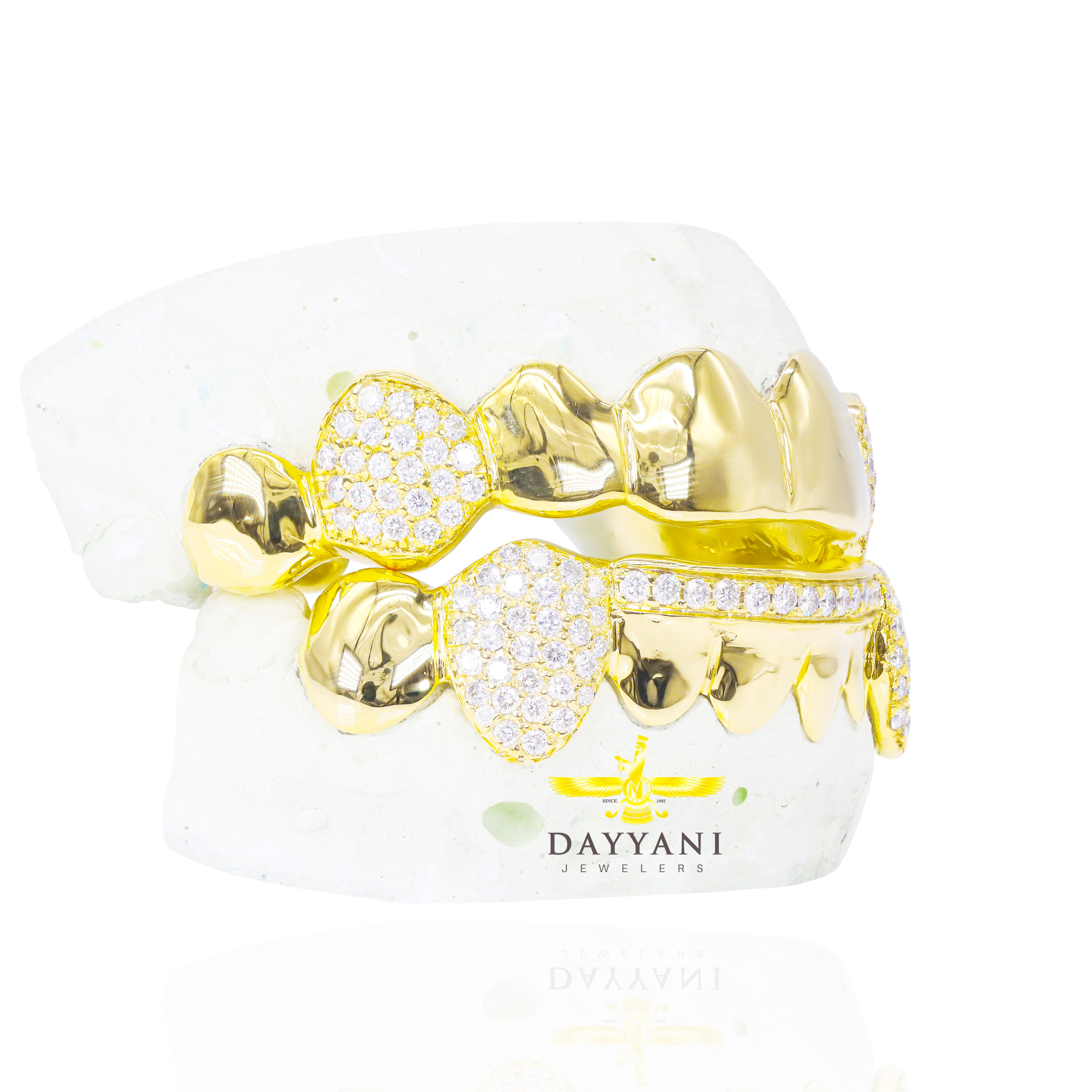Custom 8 on 8 Teeth Diamond Fangs & Diamond Bar Gold Grillz