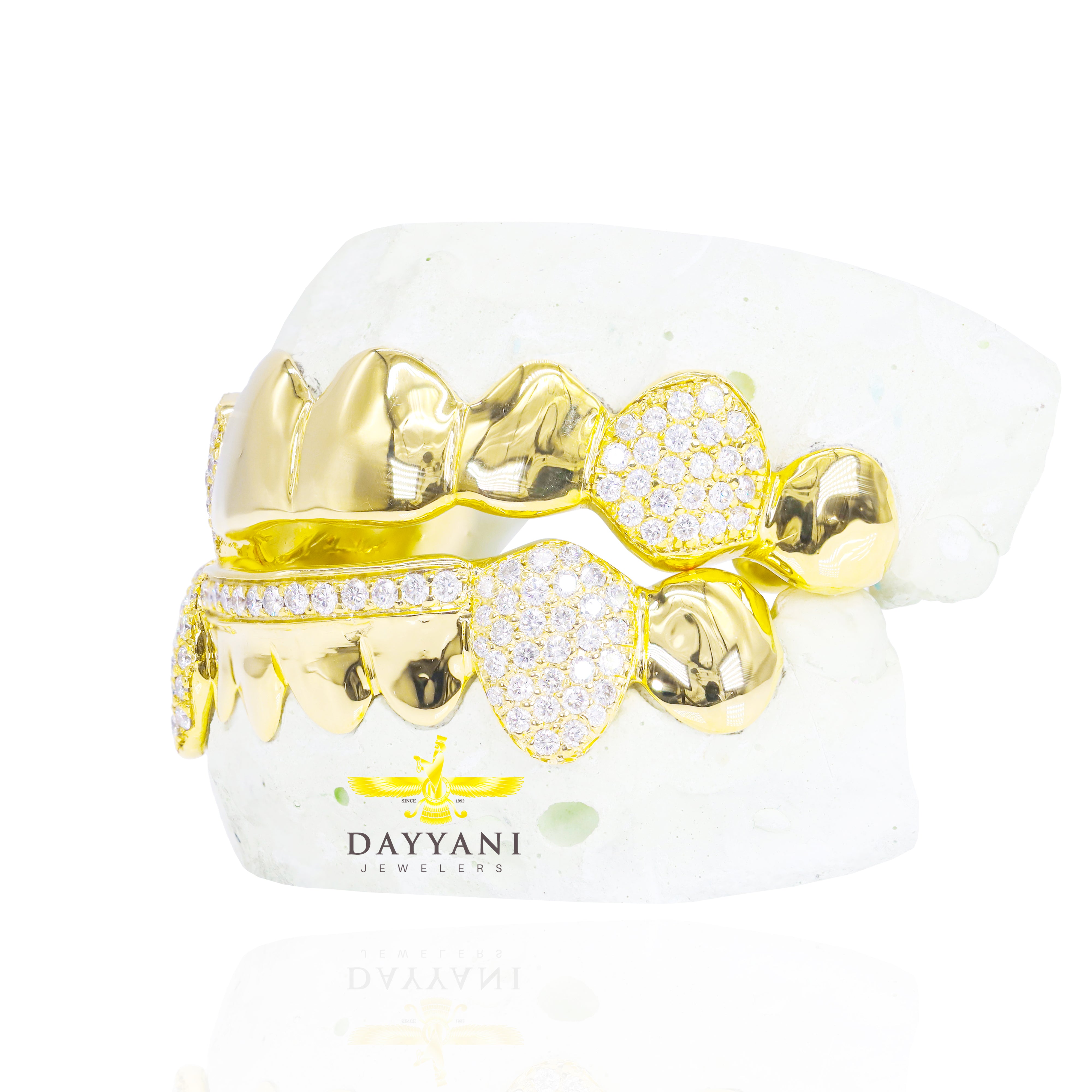 Custom 8 on 8 Teeth Diamond Fangs & Diamond Bar Gold Grillz