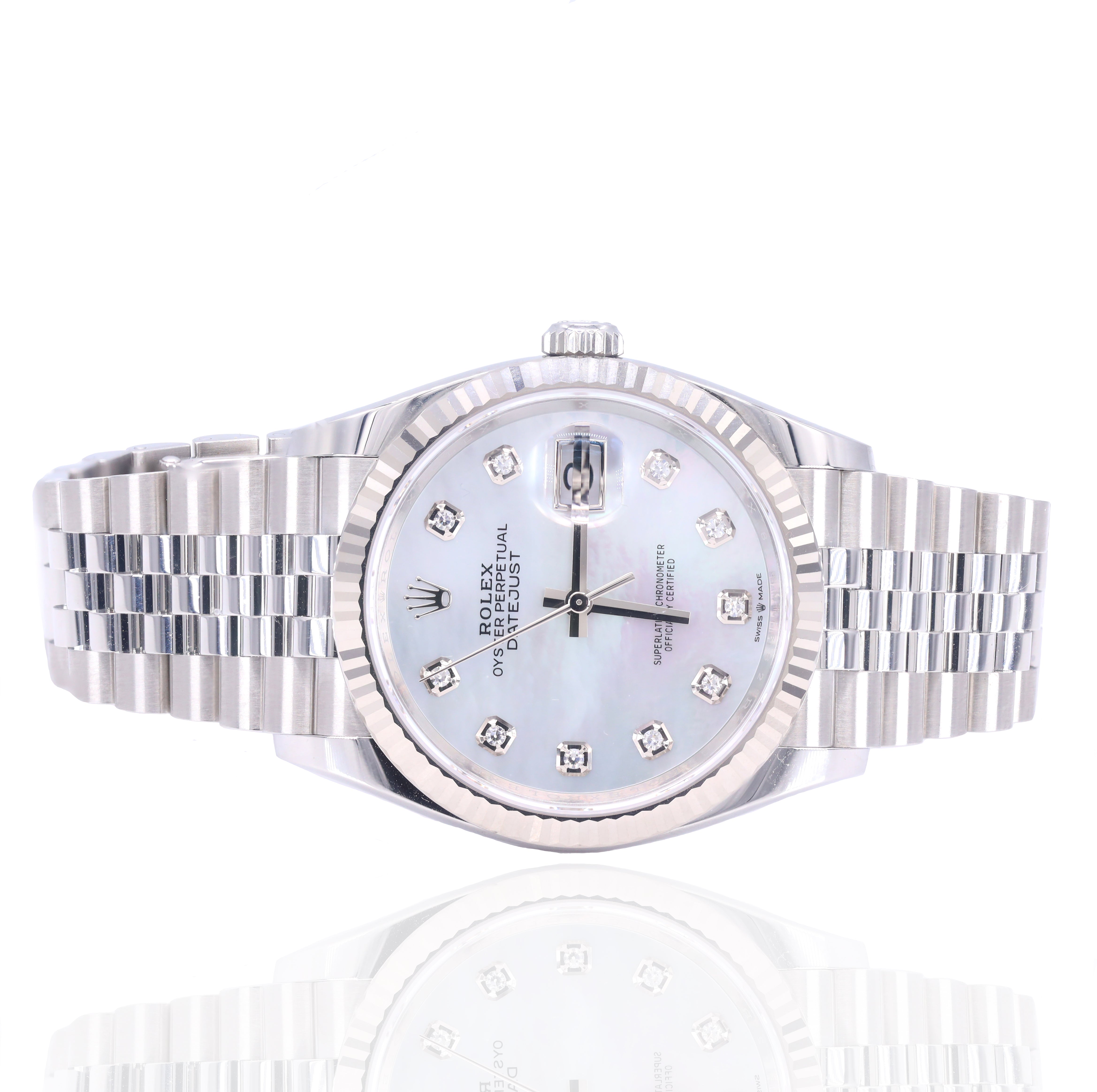 Rolex 126234 DateJust White Mother-of-Pearl Diamond-Set Dial 36mm Fluted Bezel