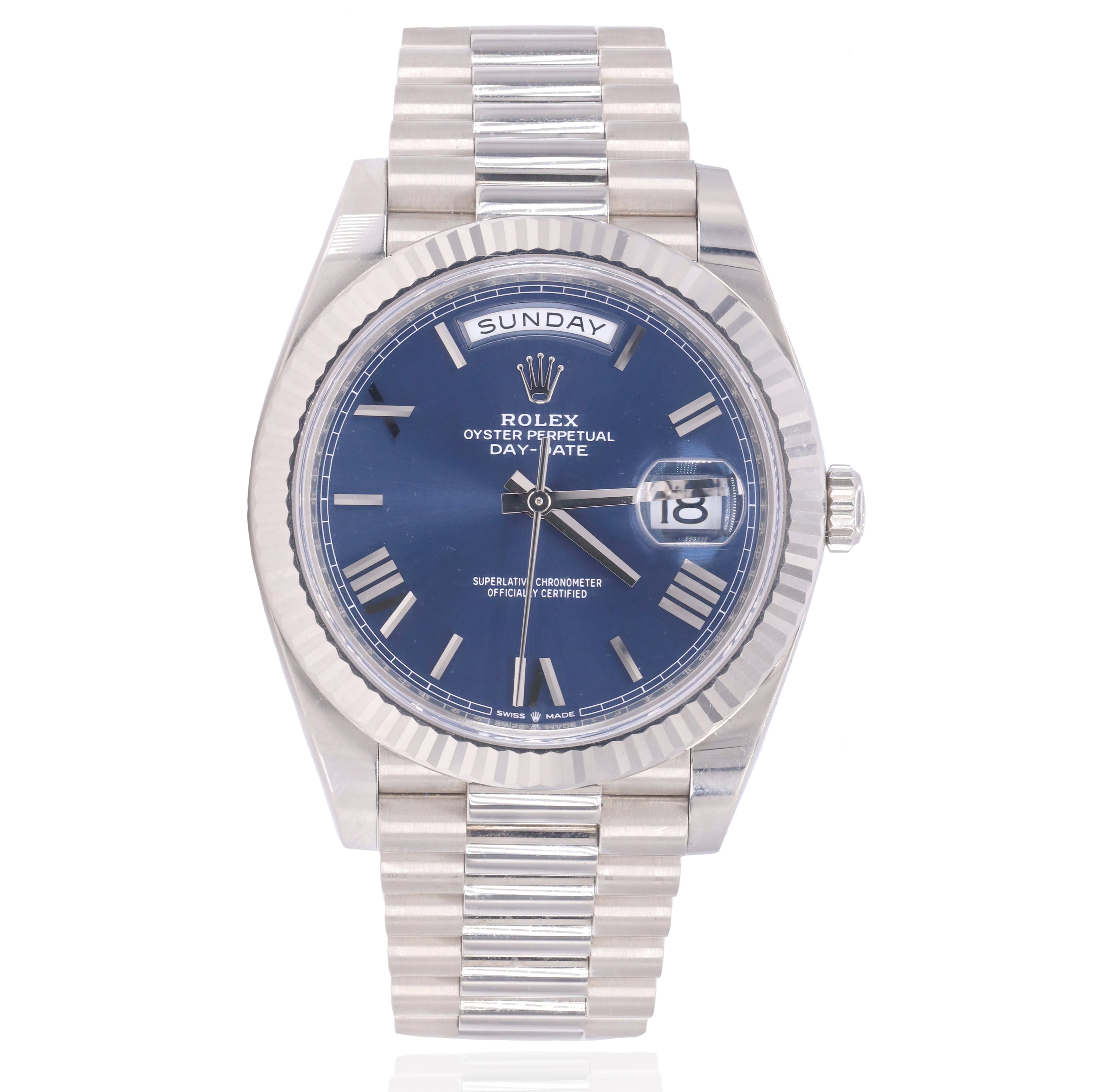 Rolex 228239 Day-Date 40mm White Gold Bright Blue Roman Dial