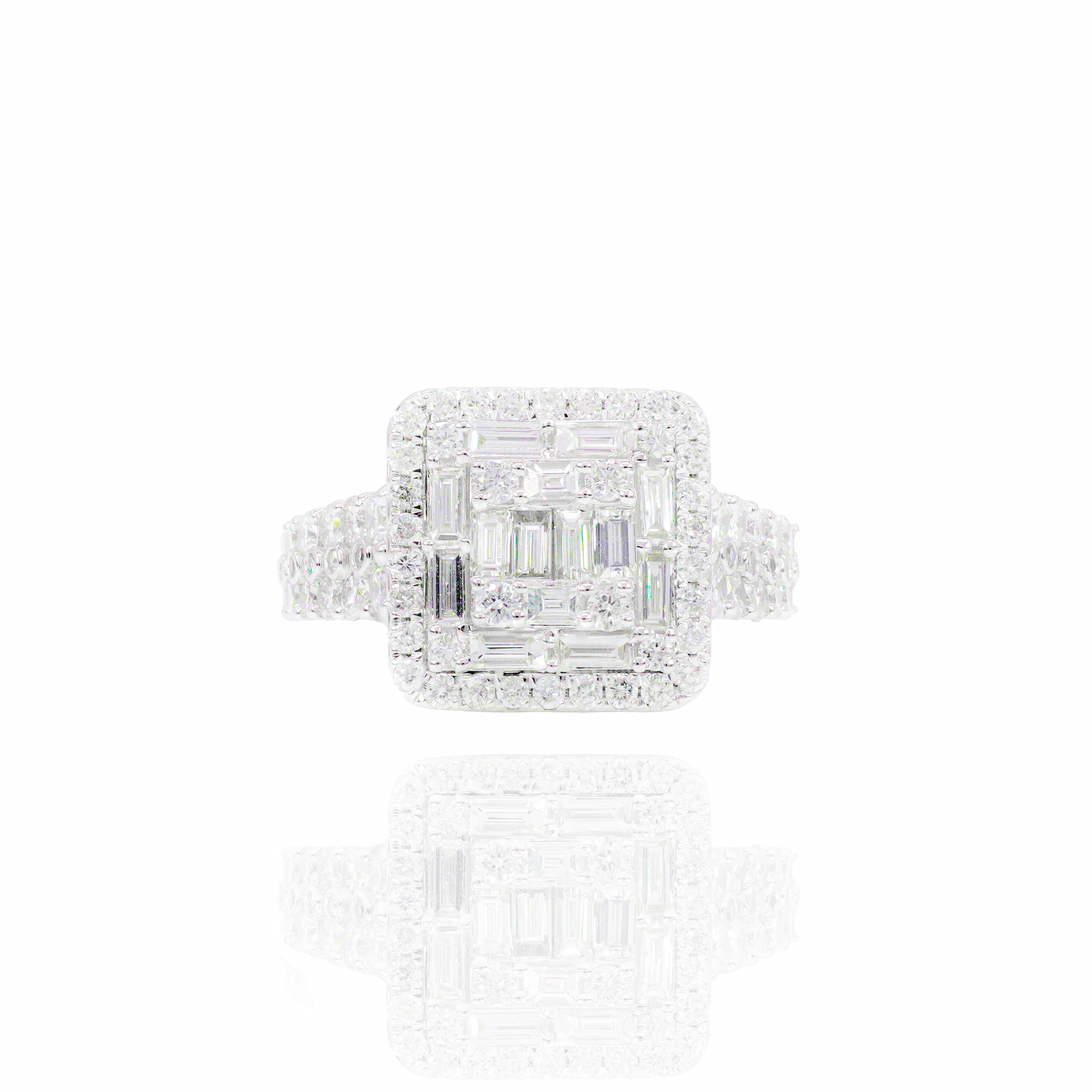 Double Halo Baguette and Round Diamond Engagement Ring