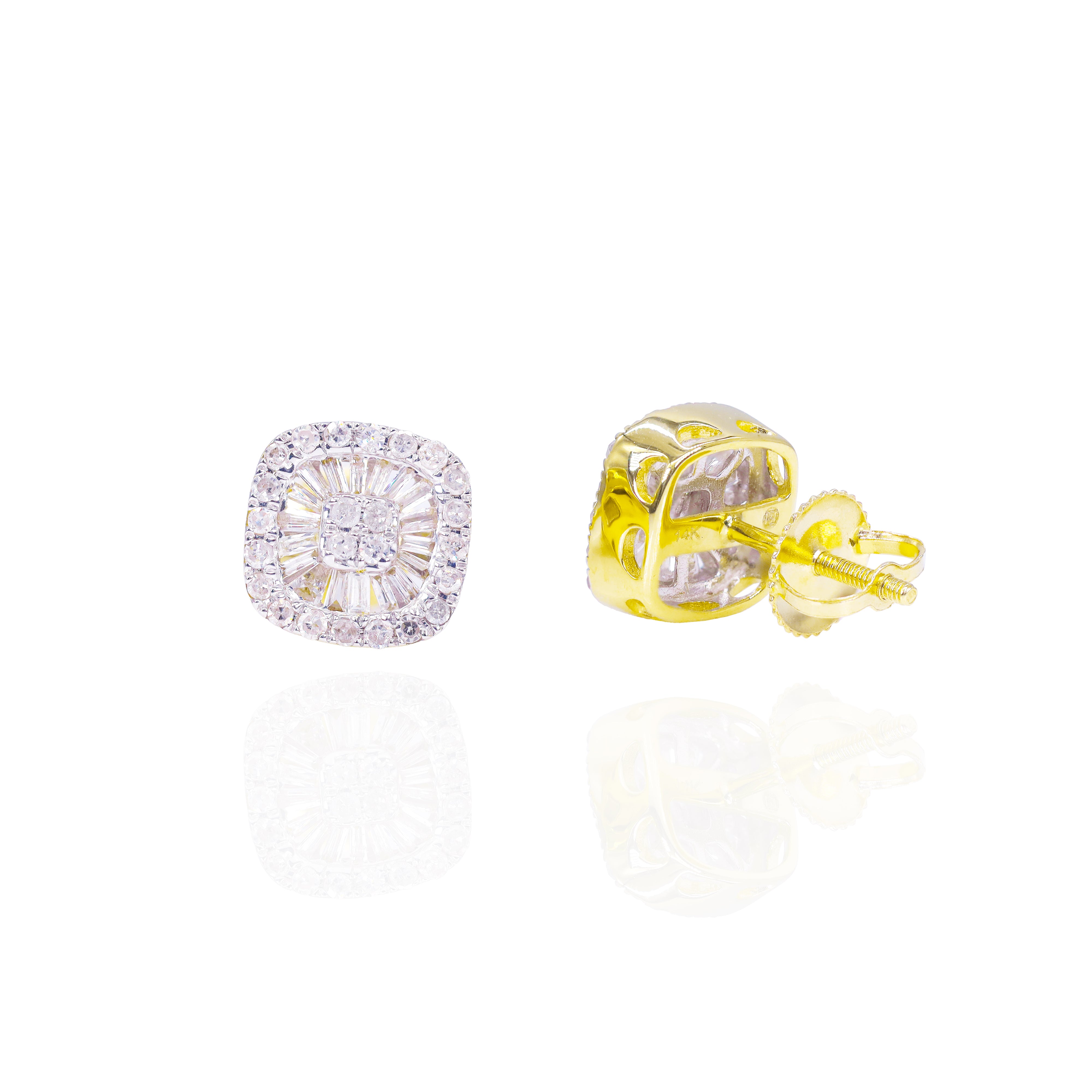 Square Baguette Cluster Earrings w/ Round Diamond Border