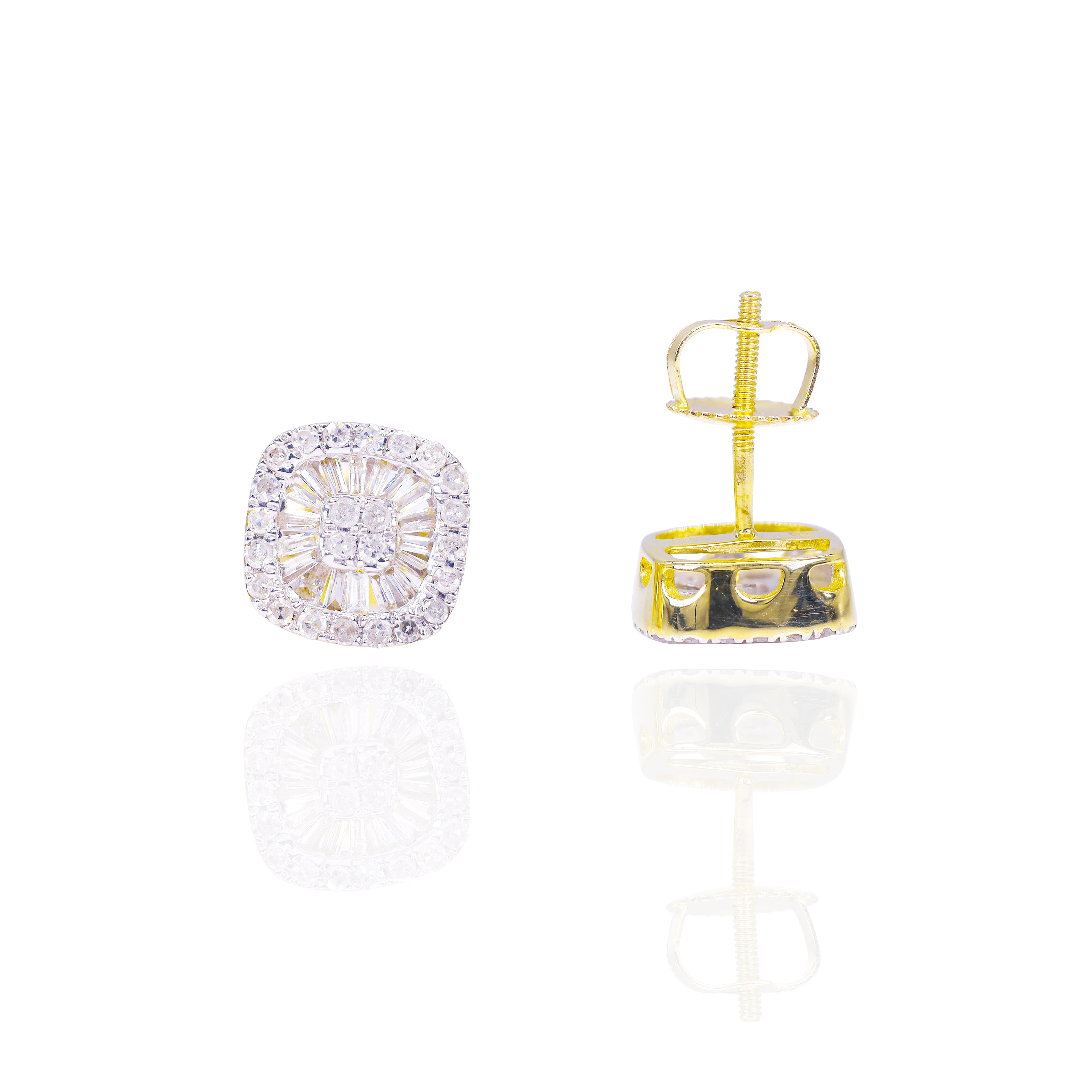 Square Baguette Cluster Earrings w/ Round Diamond Border