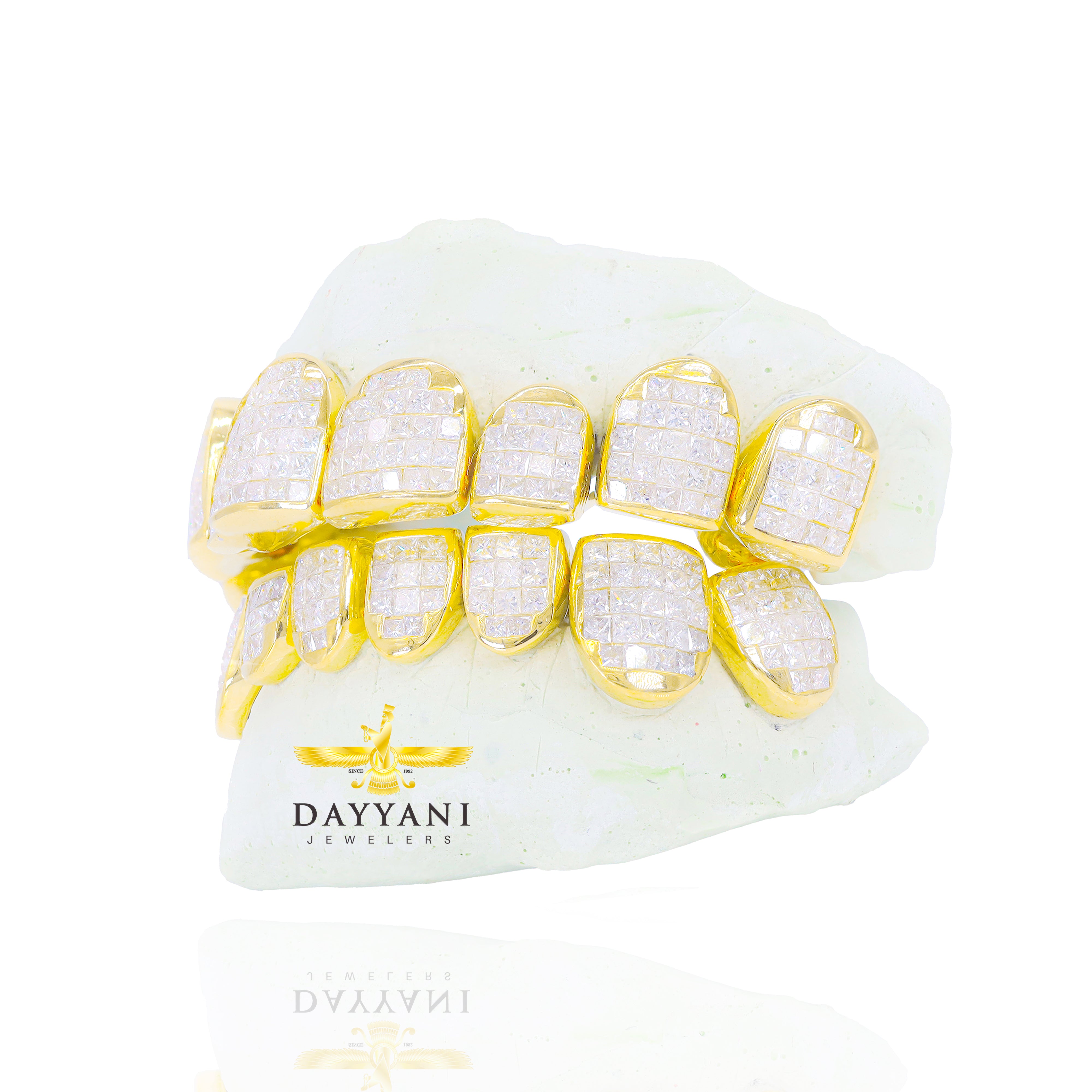 Custom VS Diamond Grillz Hand Set Natural Princess Cut Diamond Gold Grillz (Invisible Setting)