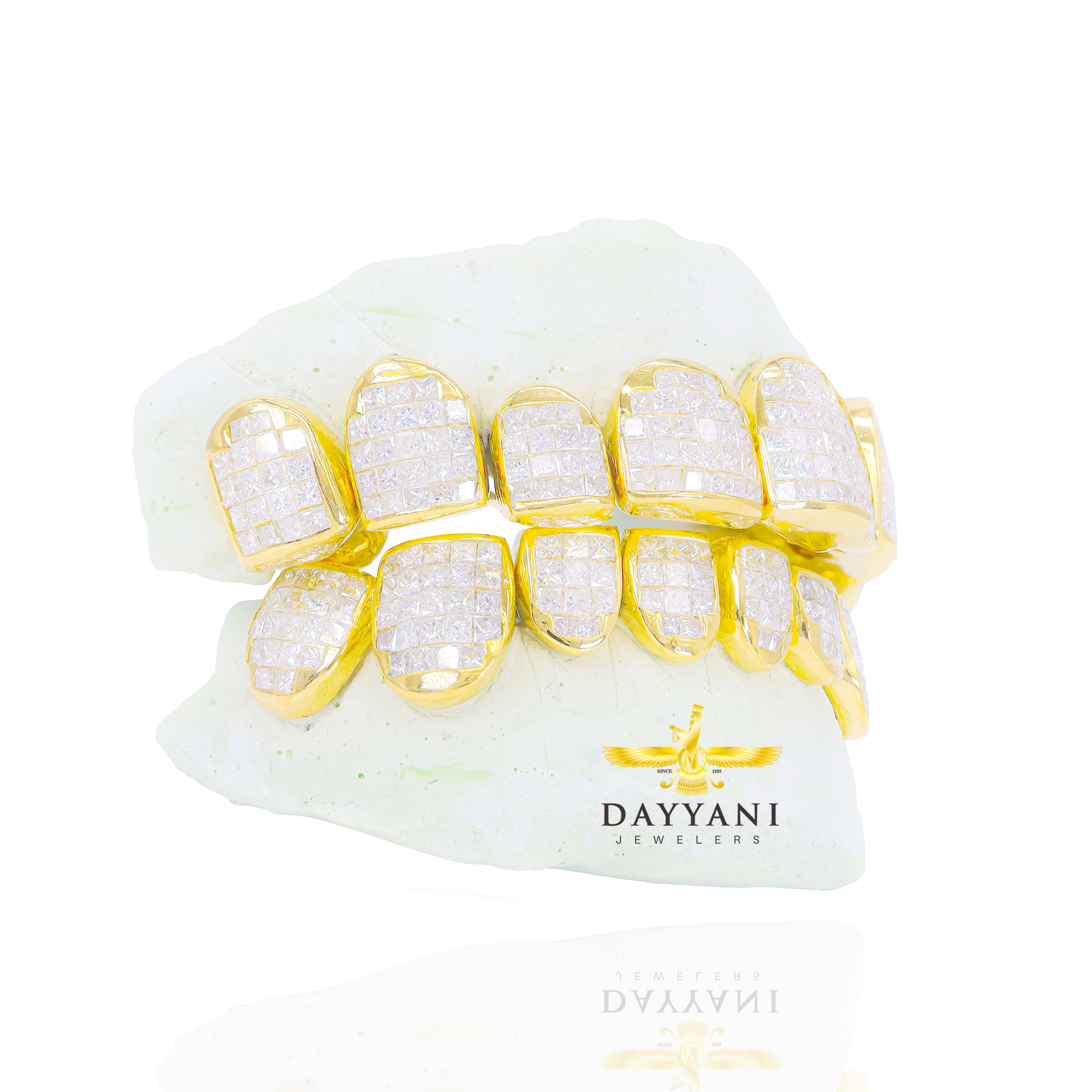 Custom VS Diamond Grillz Hand Set Natural Princess Cut Diamond Gold Grillz (Invisible Setting)