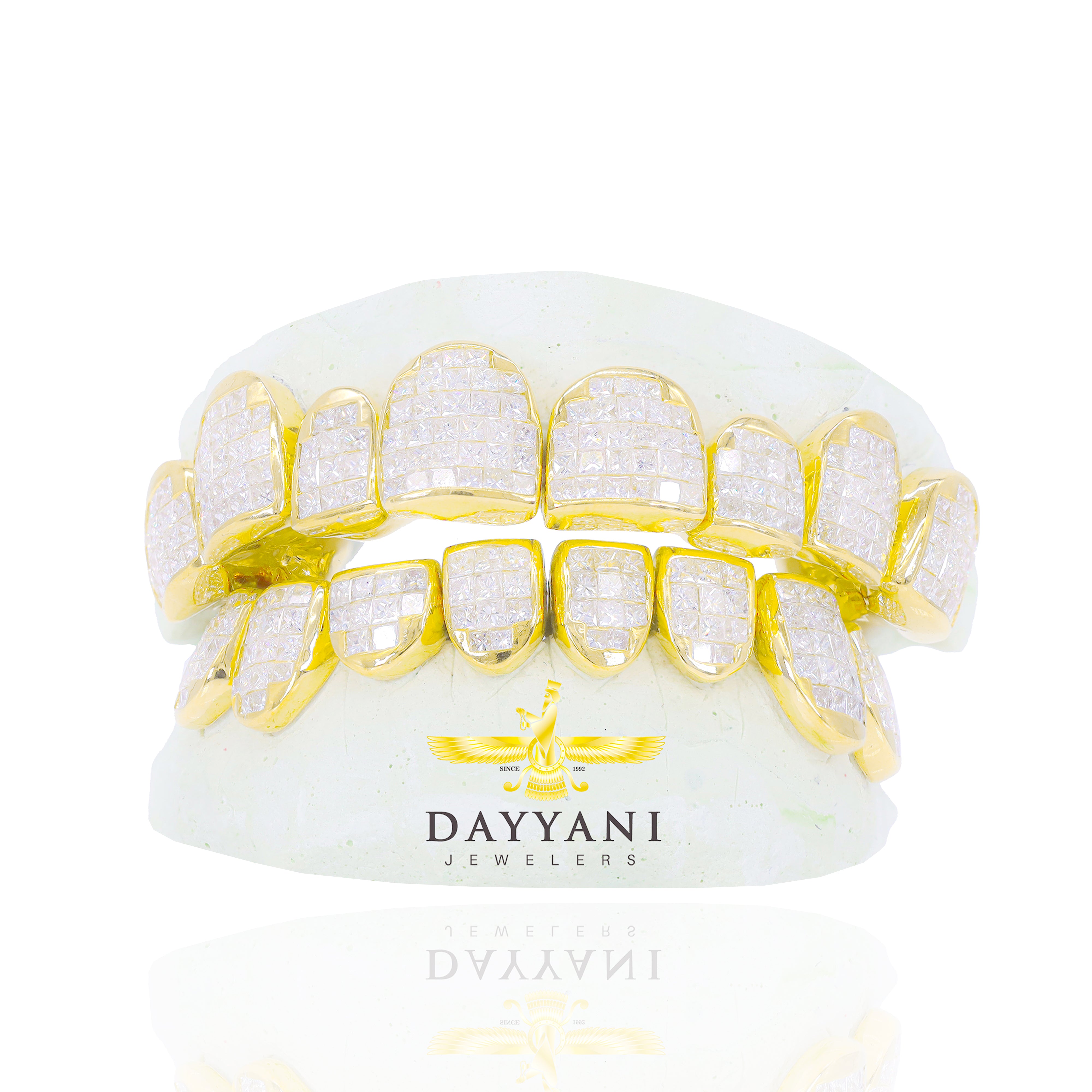 Custom VS Diamond Grillz Hand Set Natural Princess Cut Diamond Gold Grillz (Invisible Setting)