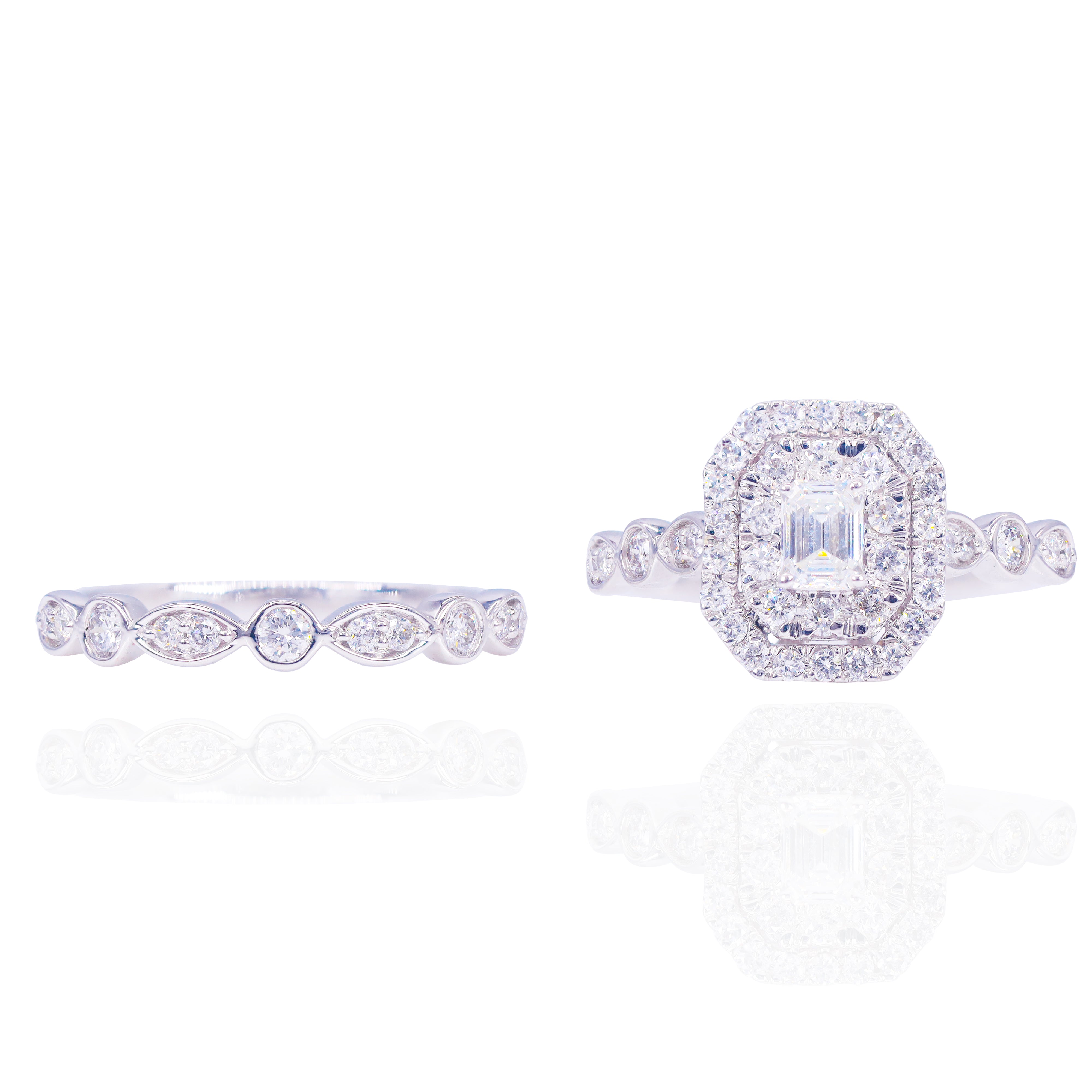 Multi-Shaped Bezeled Band Diamond Engagement Ring Duo