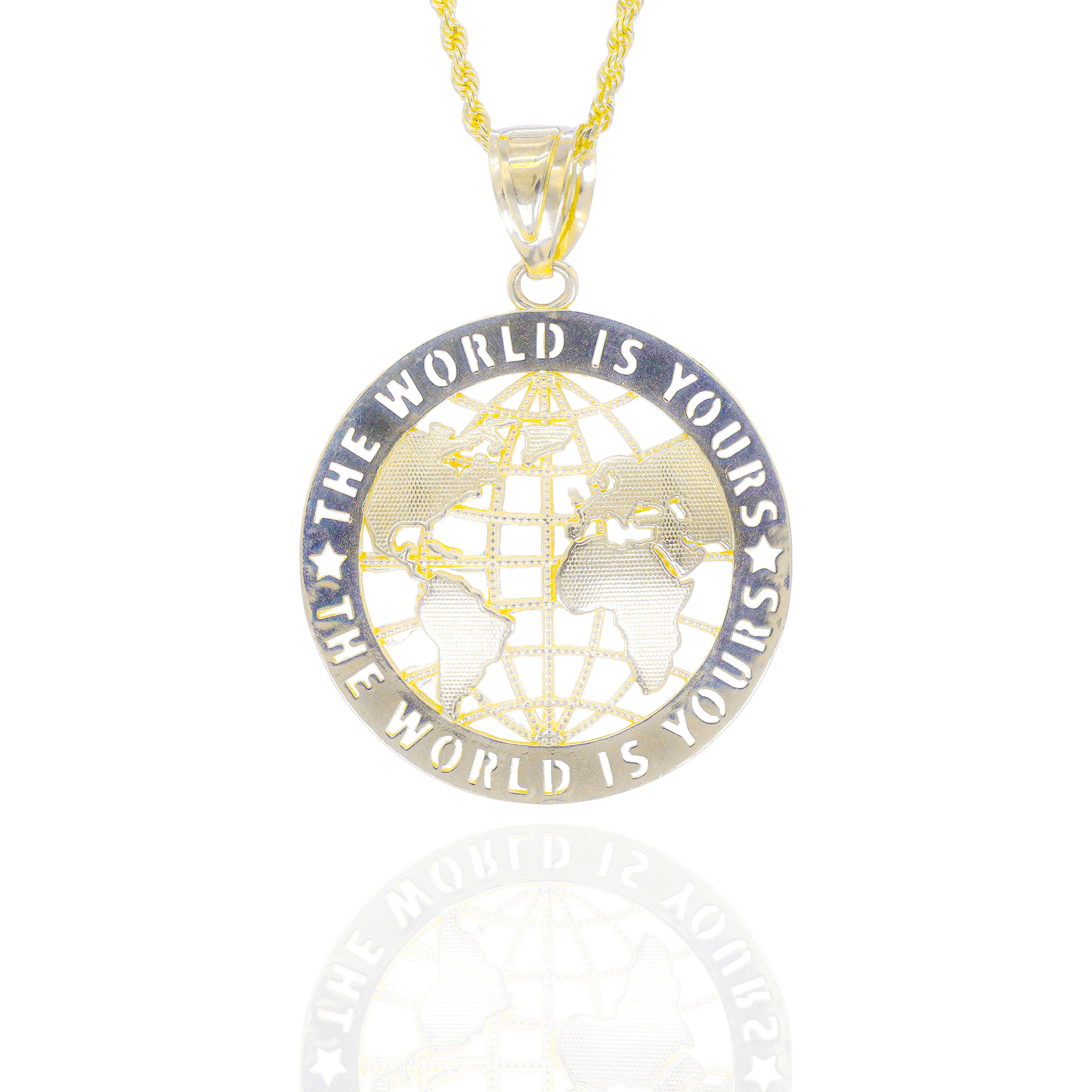 Solid GOld Pendant of the world with the words saying "the world is yours" on a gold chain