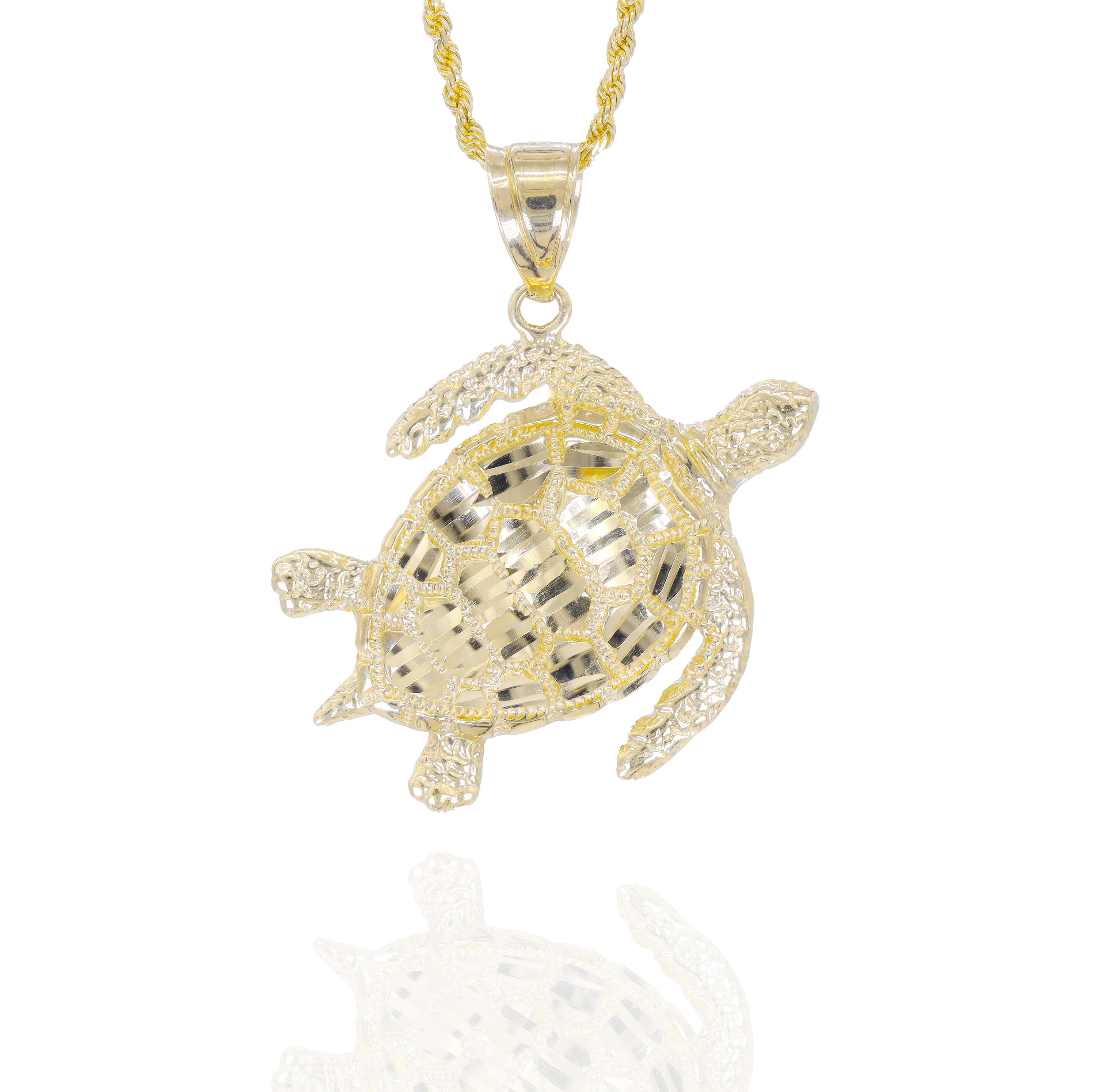 A solid gold diamond cut sea turtle pendant with a chain included.