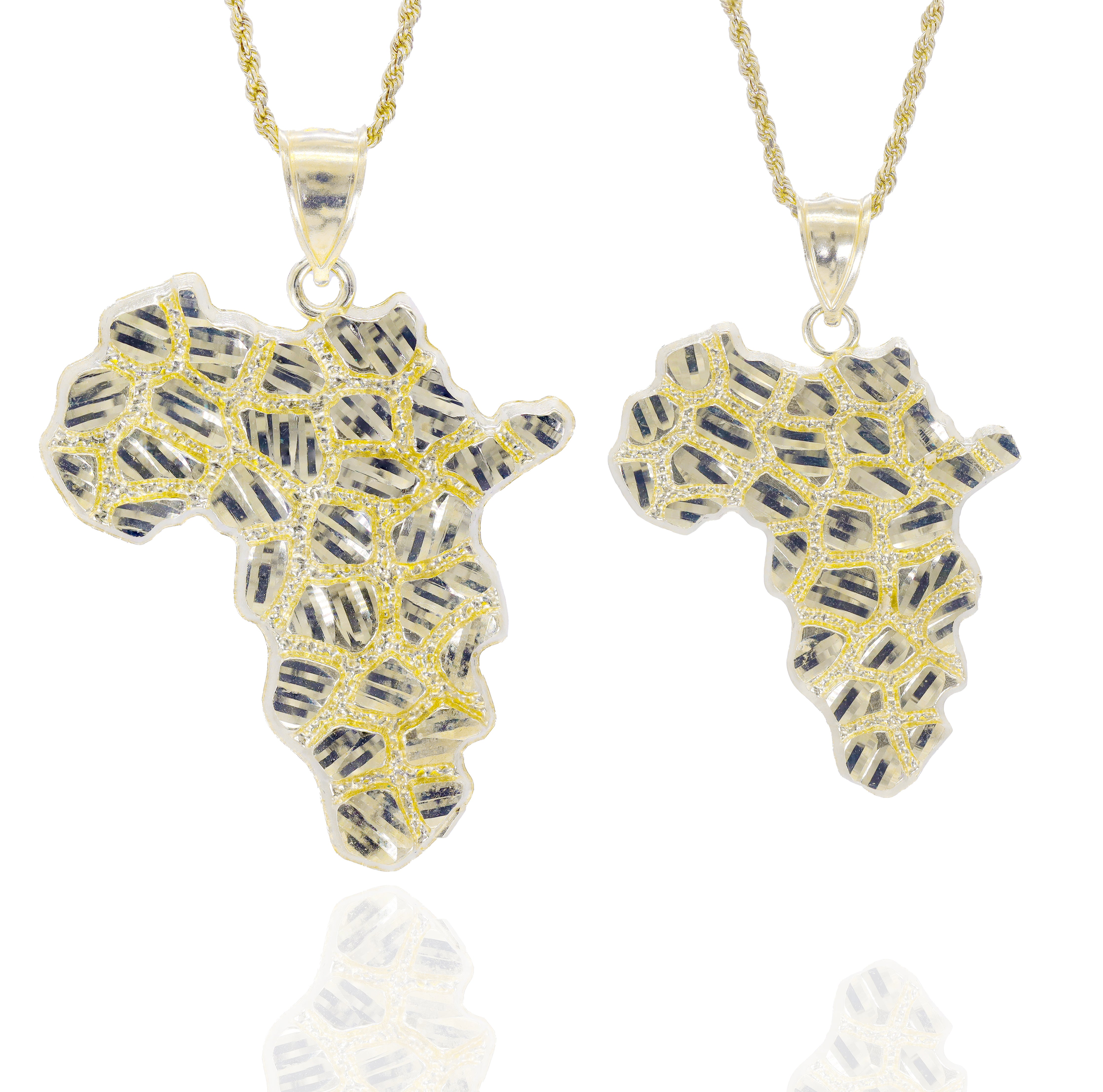 Two different sizes of an Africa-shaped gold pendants with a nugget design on gold chains