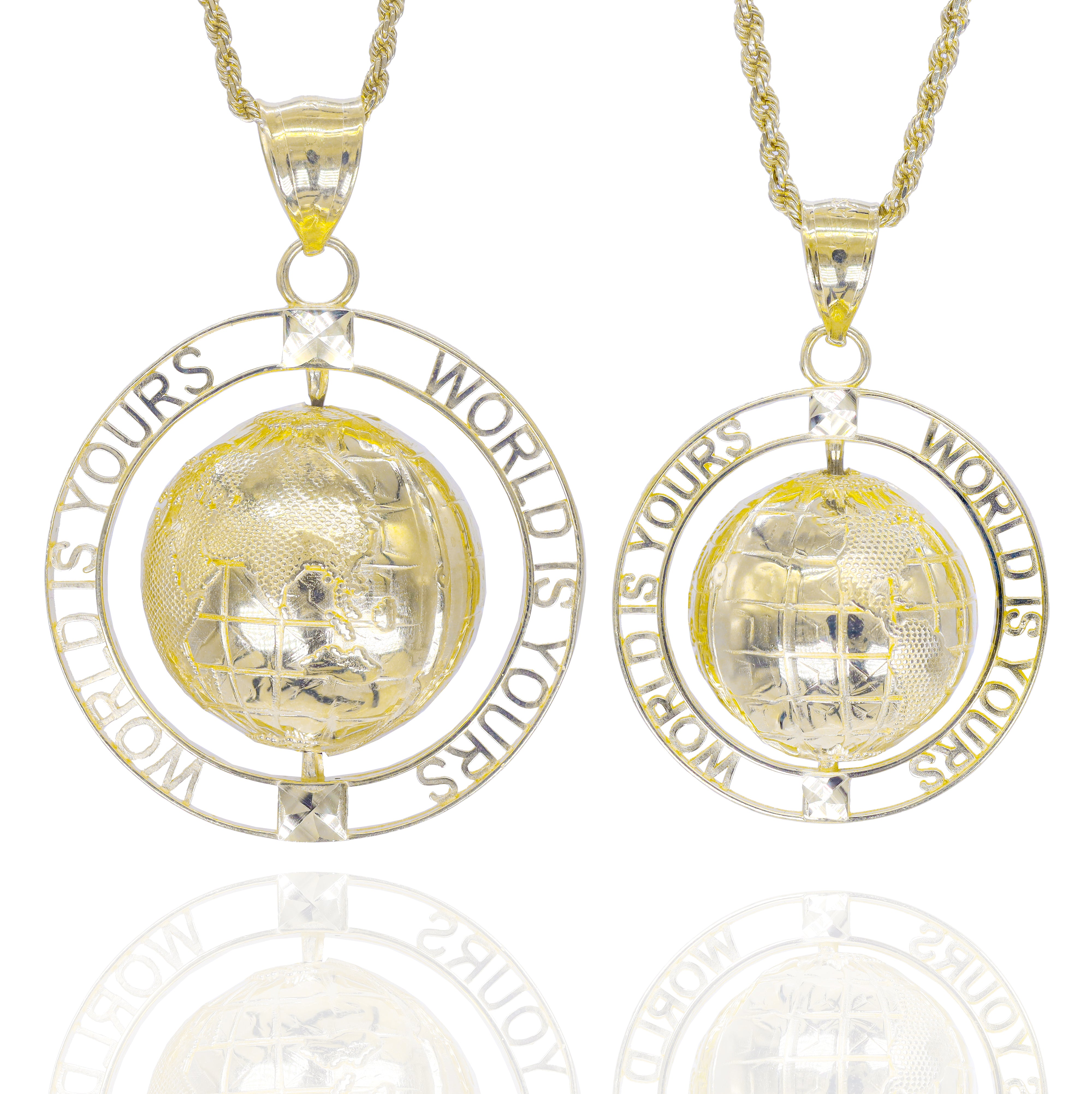 two different sizes of solid gold globes pendants and 'World is Yours' text and the charm spins