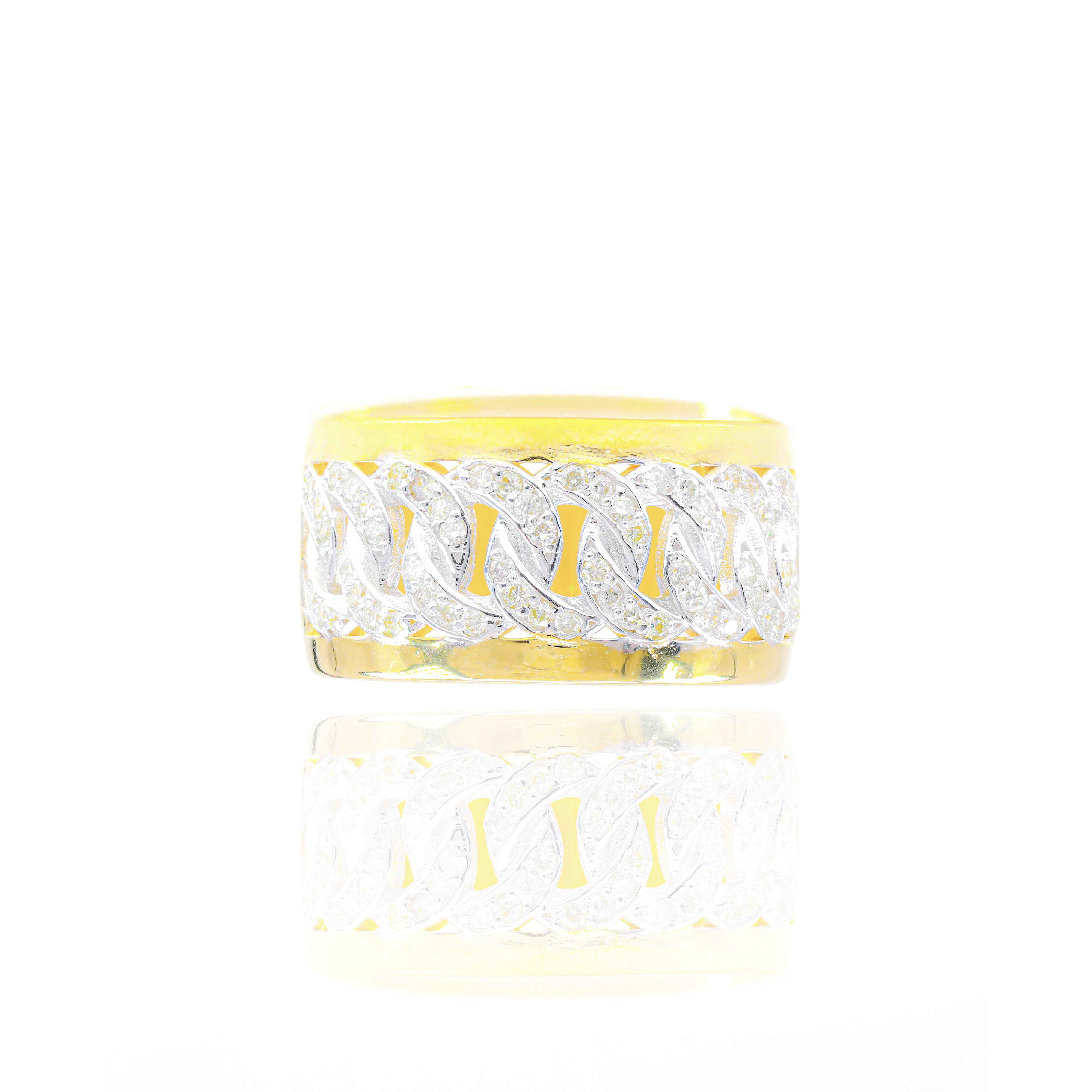 Two Tone Diamond Cuban Ring with Solid Gold Band