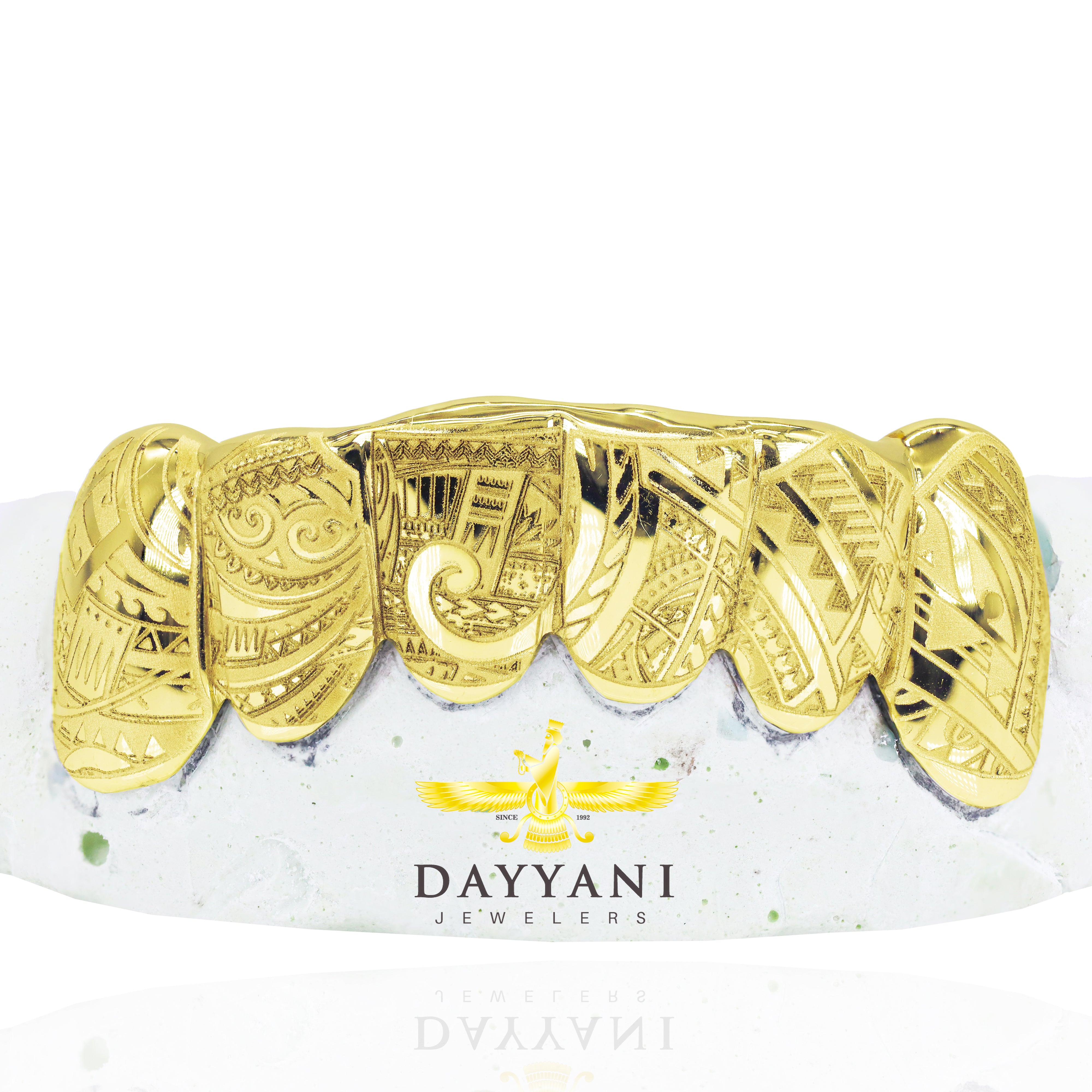 Custom Grillz with Tribal Engravings Gold Grillz